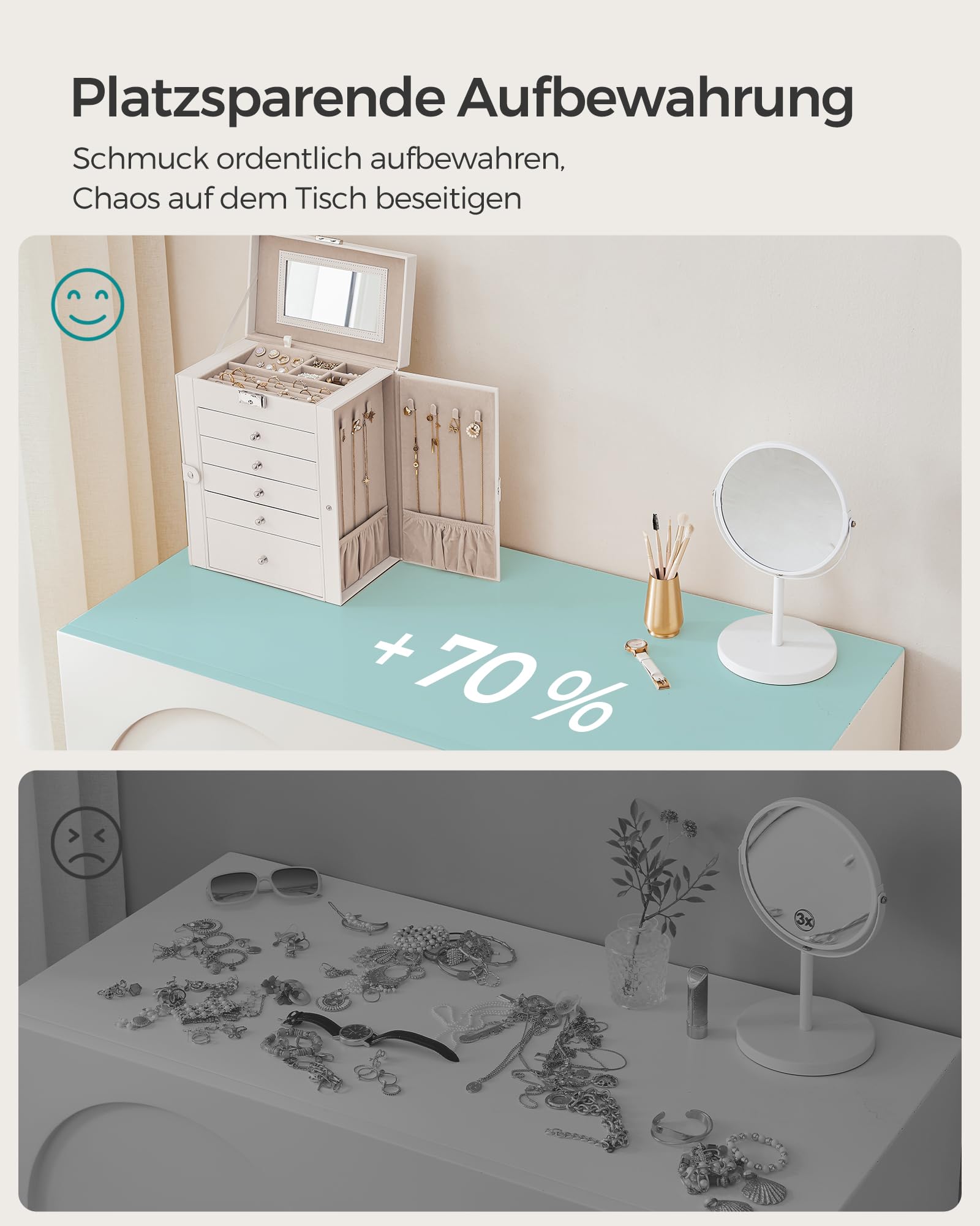 SONGMICS Schmuckkästchen 6 Ebenen, Schmuckkasten mit 5 Schubladen, viel Stauraum, innen mit Spiegel, abschließbar, Schmuckaufbewahrung, Geschenk für Ihre Liebsten, für Uhren, weiß JBC152W01