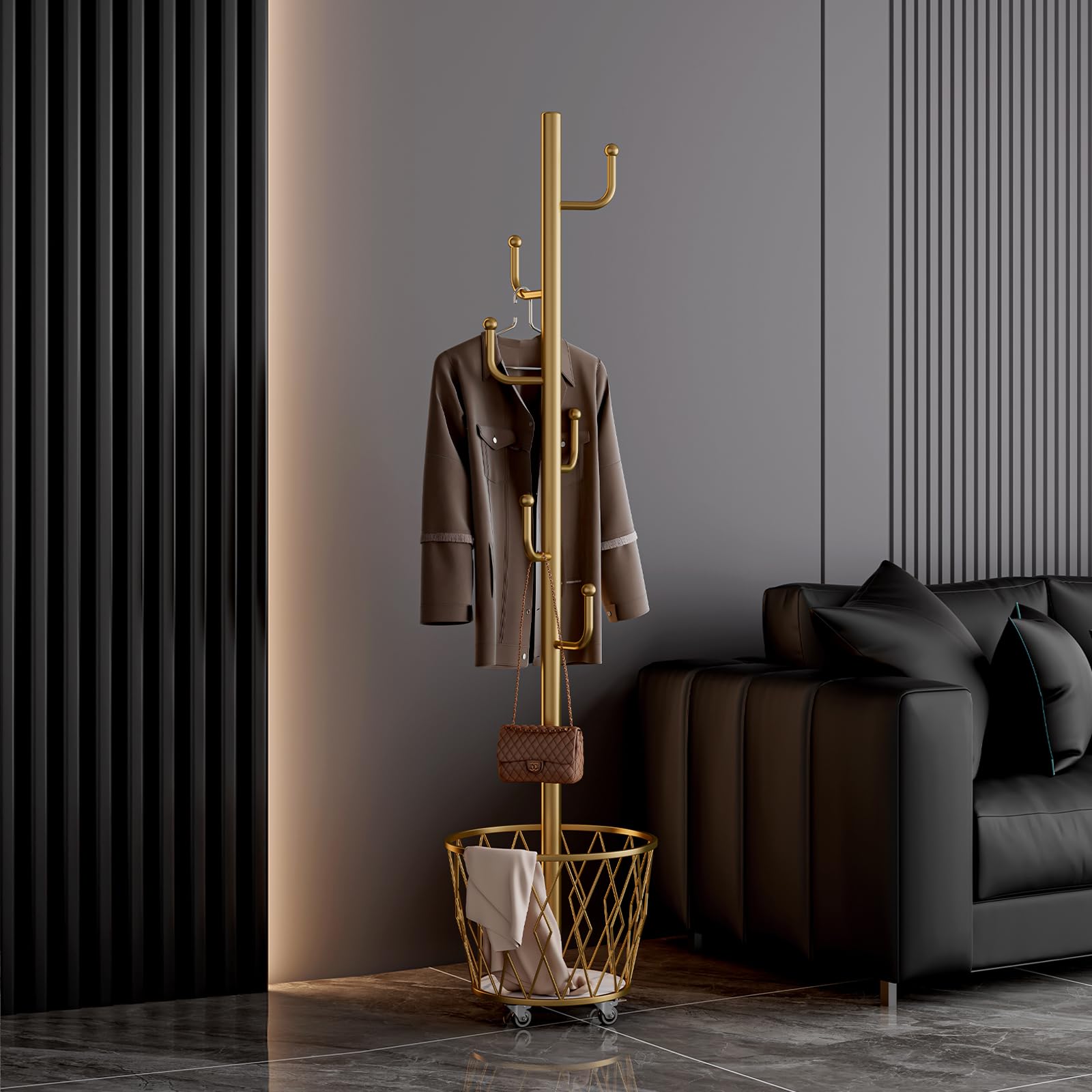 SYO Portable single-pole coat rack with 6 hooks and storage basket floor-standing coat rack for bedroom and hallway