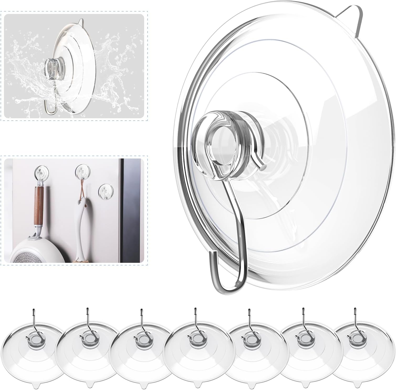 Hangerspace Suction Cup Hooks, Removable Large Suction Cups, Clear, 8 Pack | 2.5 In, with Rustproof Metal Hooks, Detachable, Leave No Trace, for Kitchen Shower Wall Window Glass Door, Fits Any Decor