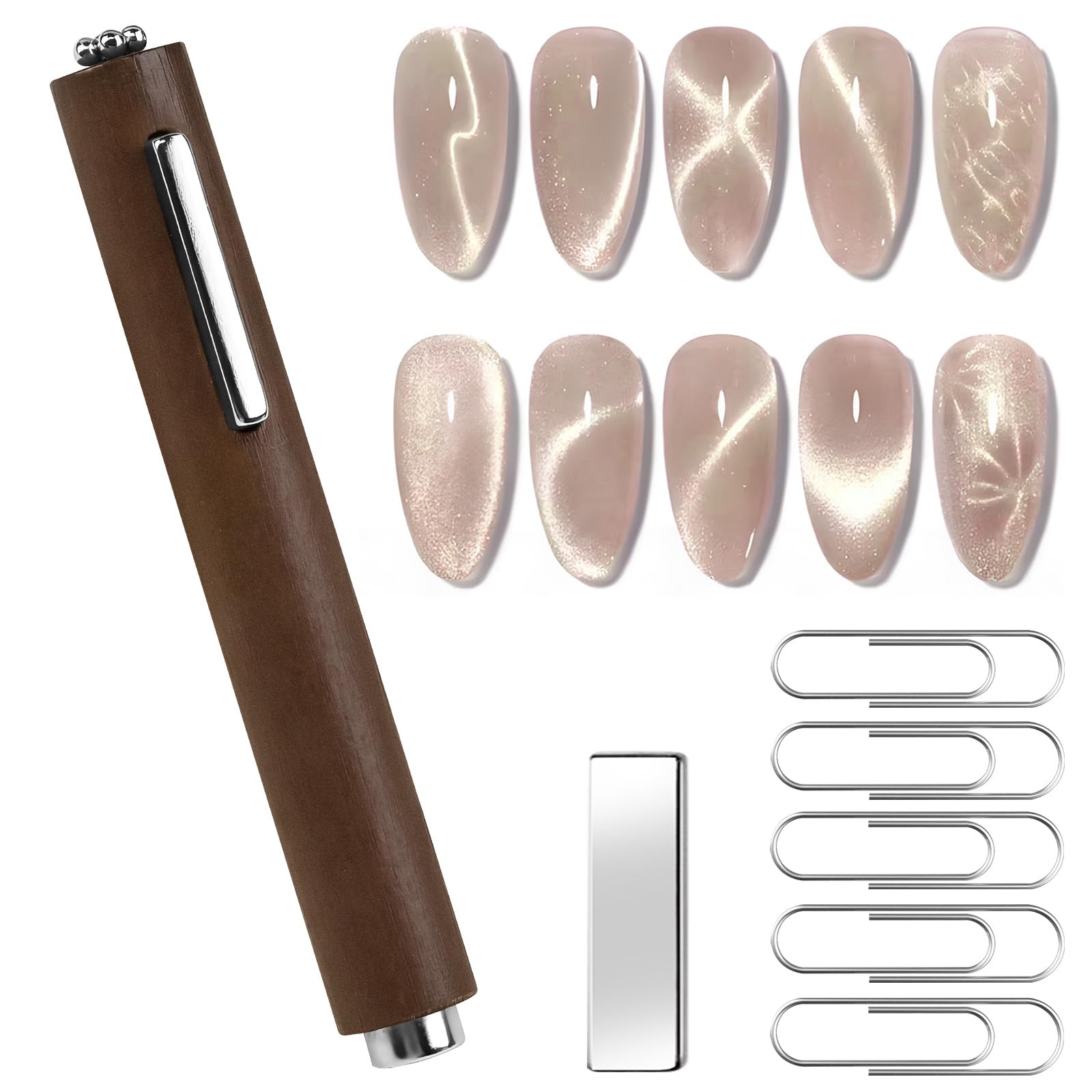 CANIPHA 3 In 1 Cat Eye Nail Magnet Multifunctional Cat Eye Gel Polish Nail Tool with Extra 1pcs Square Magnet 5pcs Paper Clips Wooden Handle