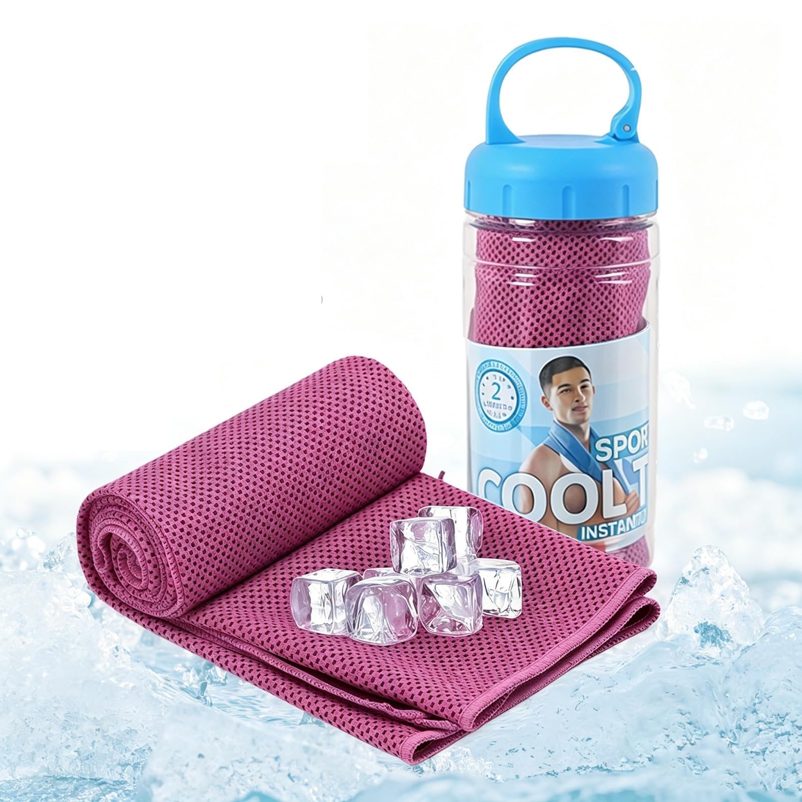 XQMMGO 100 x 30 cm Instant Cooling Towel for Neck & Face, Ice Cold Microfibre Sports Gym Towel with Portable Bottle, Breathable Sweat Bandana for Running, Yoga, Golf, Travel & Hot Weather (rose)