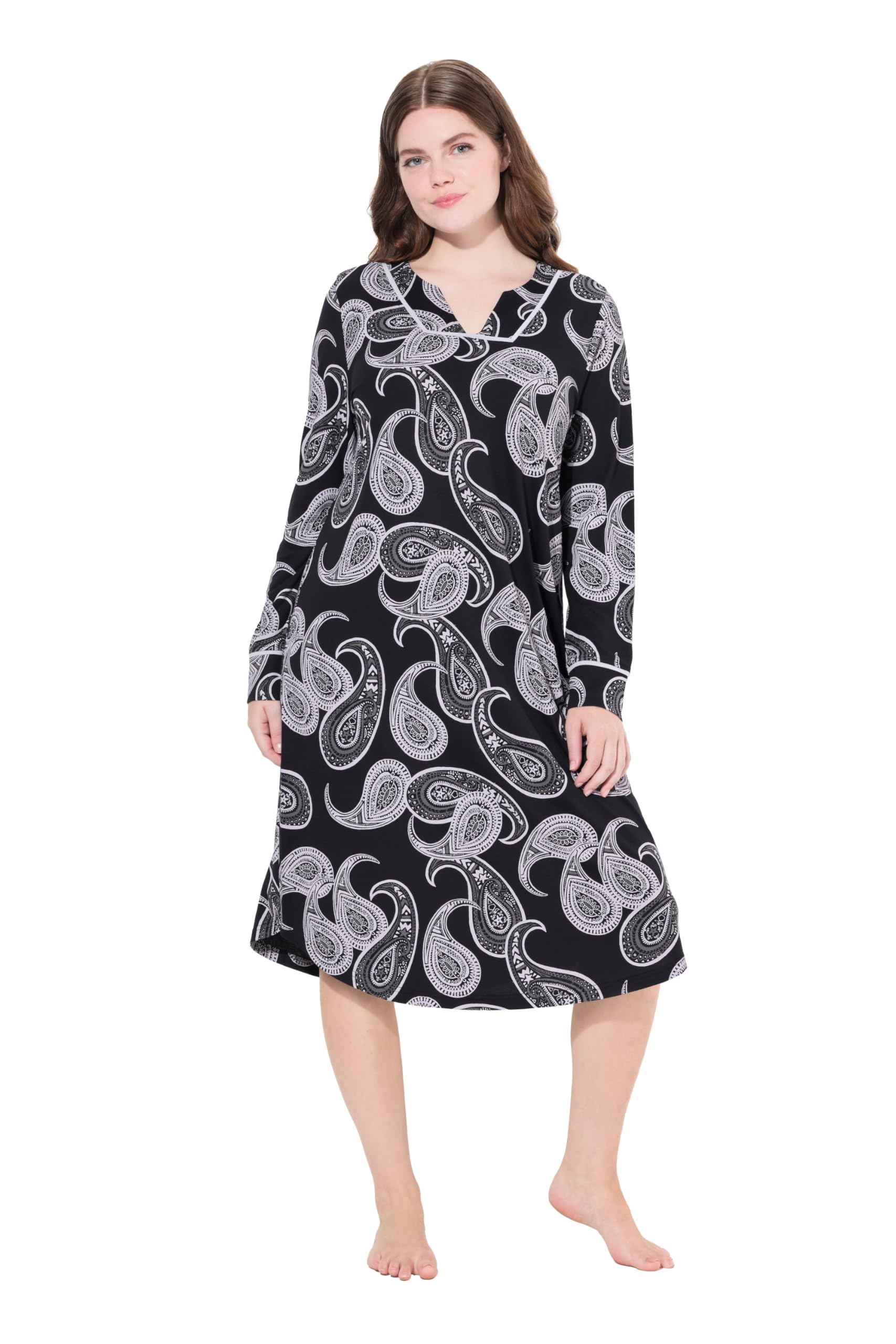 Ulla Popken Damen große Größen Übergrößen Plus Size Nachthemd, Paisleymuster, Tunika-Ausschnitt, Langarm 834500