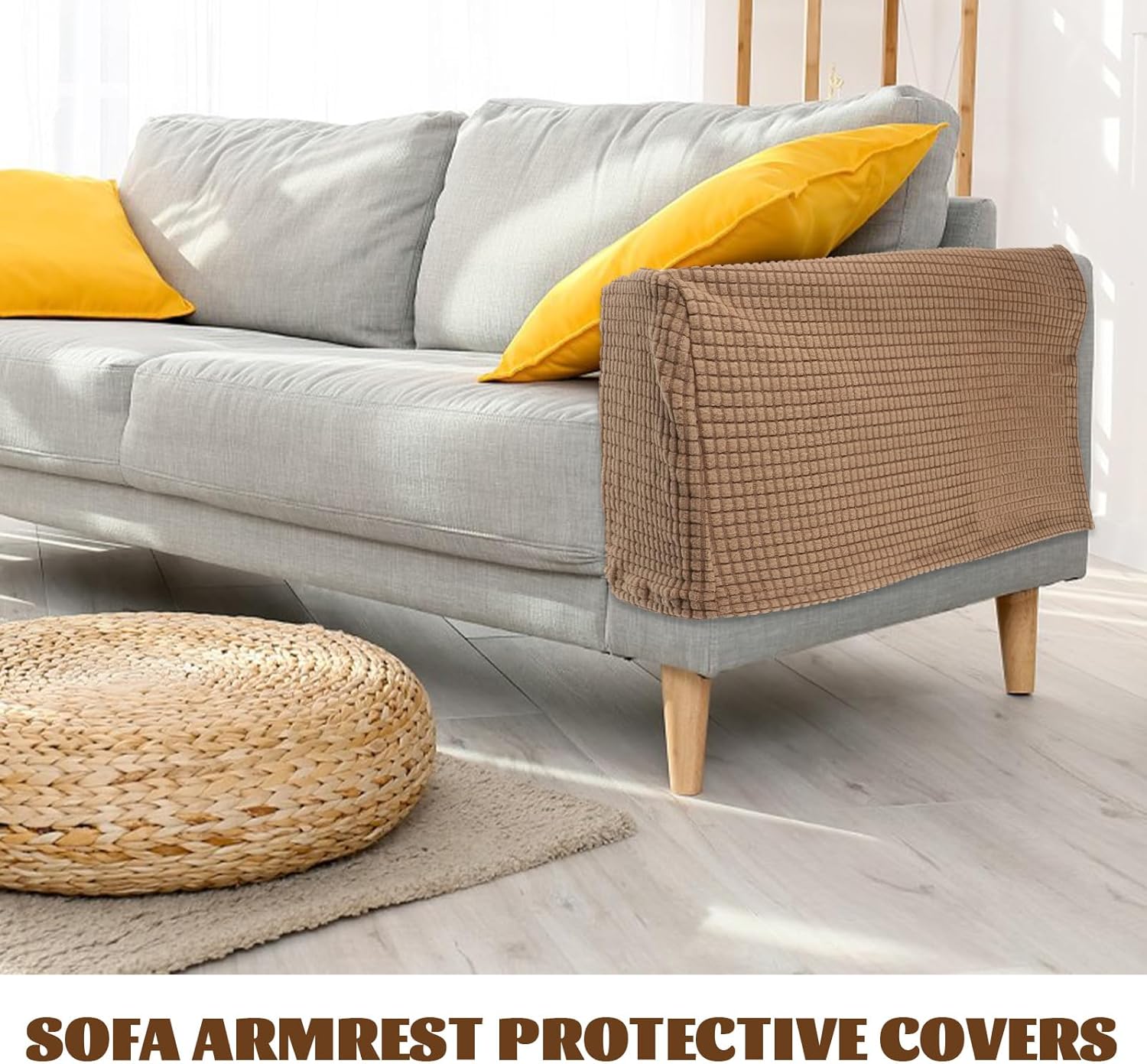 Sewroro Sofa Armrest Covers Stretch Chair Arm Protectors Washable Universal Armchair Slipcover Arm Cover for Home Office (Light Coffee) 2pcs