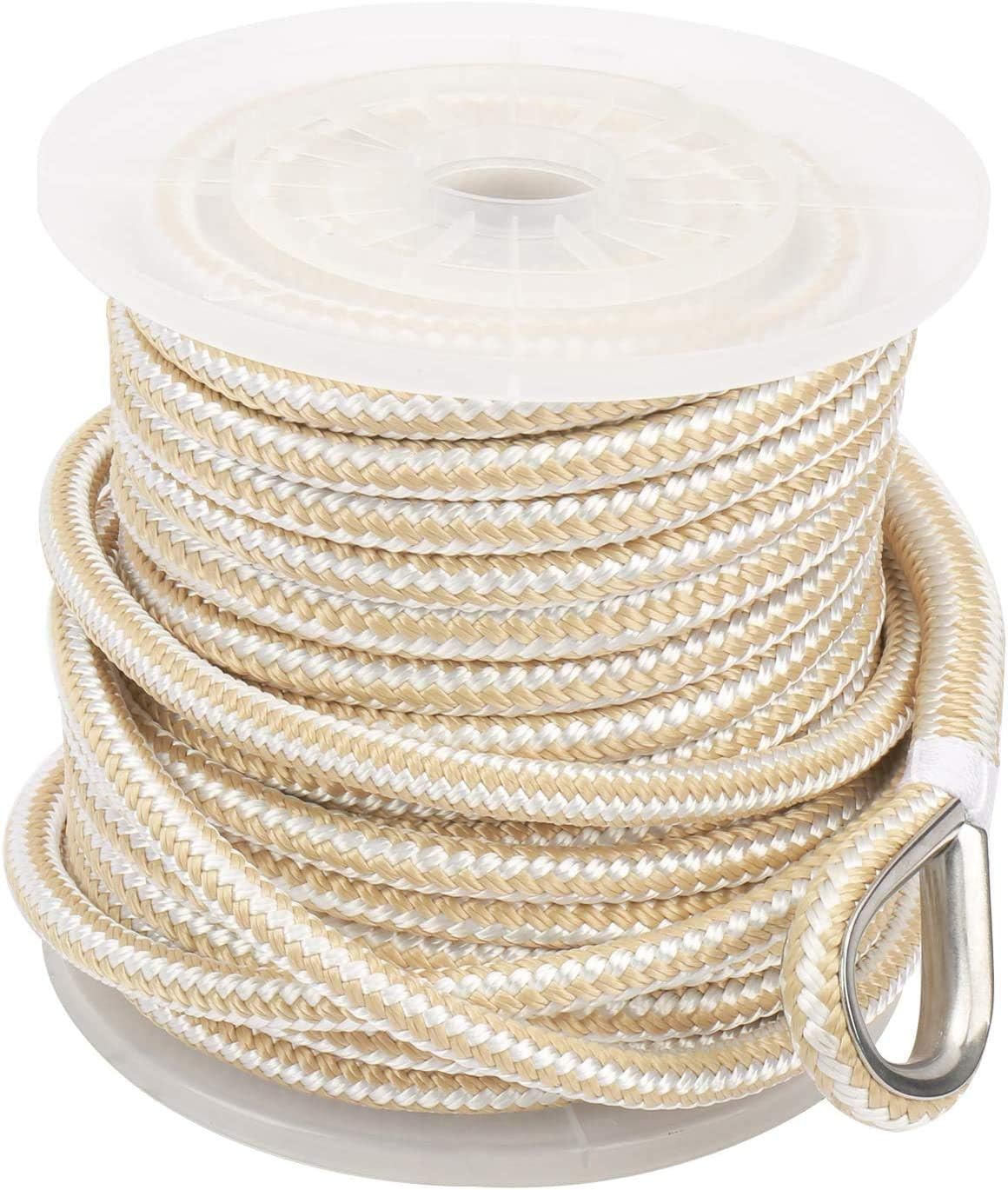 NovelBee 5/8 Inch X 200 Feet Double Braid Nylon Anchor Line with Stainless Steel Thimble and Plastic Chuck (White/Gold)