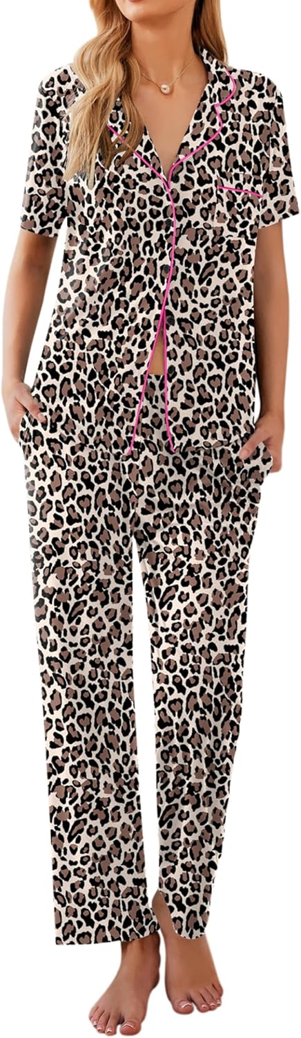 Ekouaer Women Pajamas Set Button Down Sleepwear Short Sleeve Nightwear with Long Pants Soft Pjs Set S-XXL