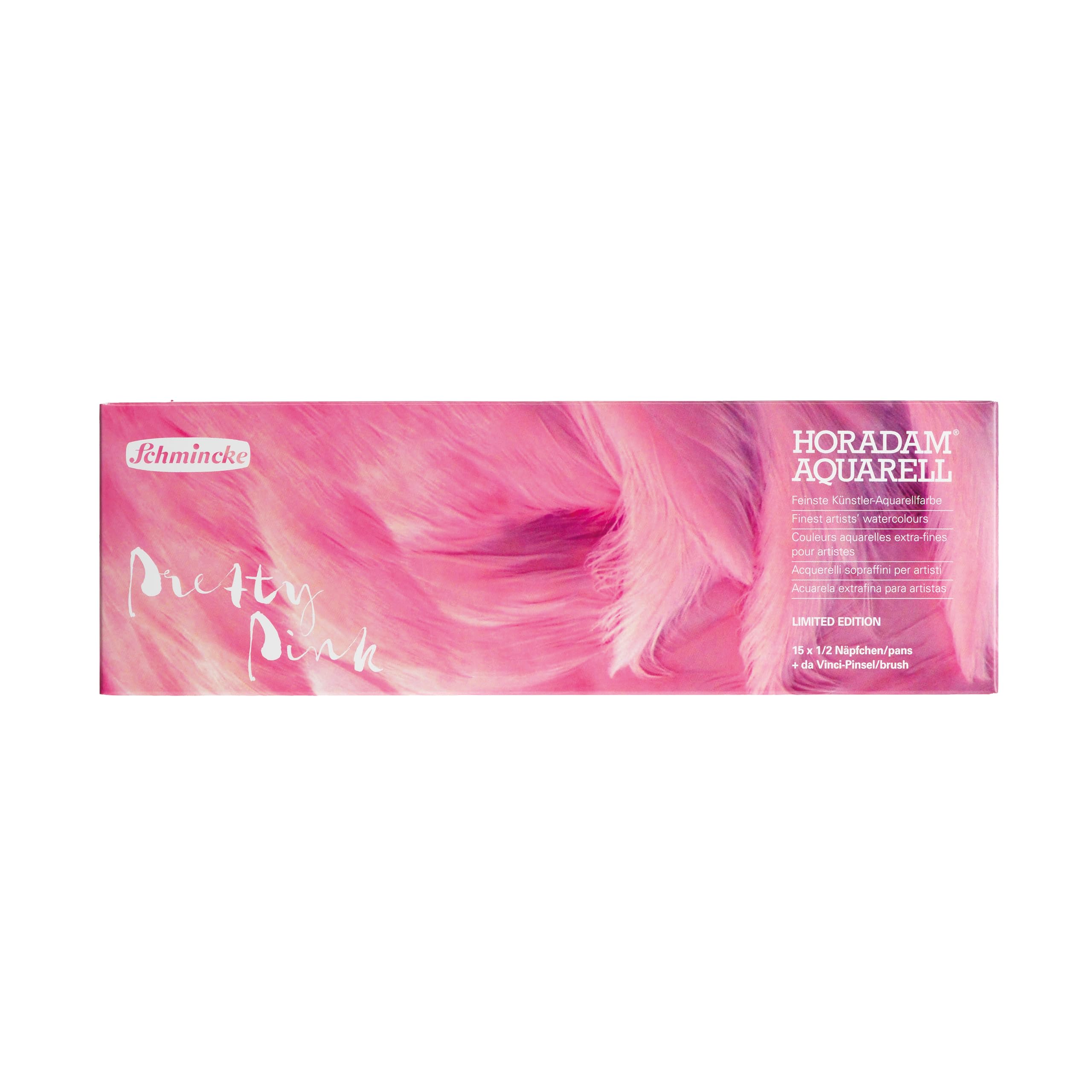 Schmincke – HORADAM® AQUARELL Boîte de Peinture en métal laqué Rose avec 15 Demi-Godets, 12 Couleurs Standard + 3 Tons de Rose, incluant Un Pinceau Aquarelle, 74663097