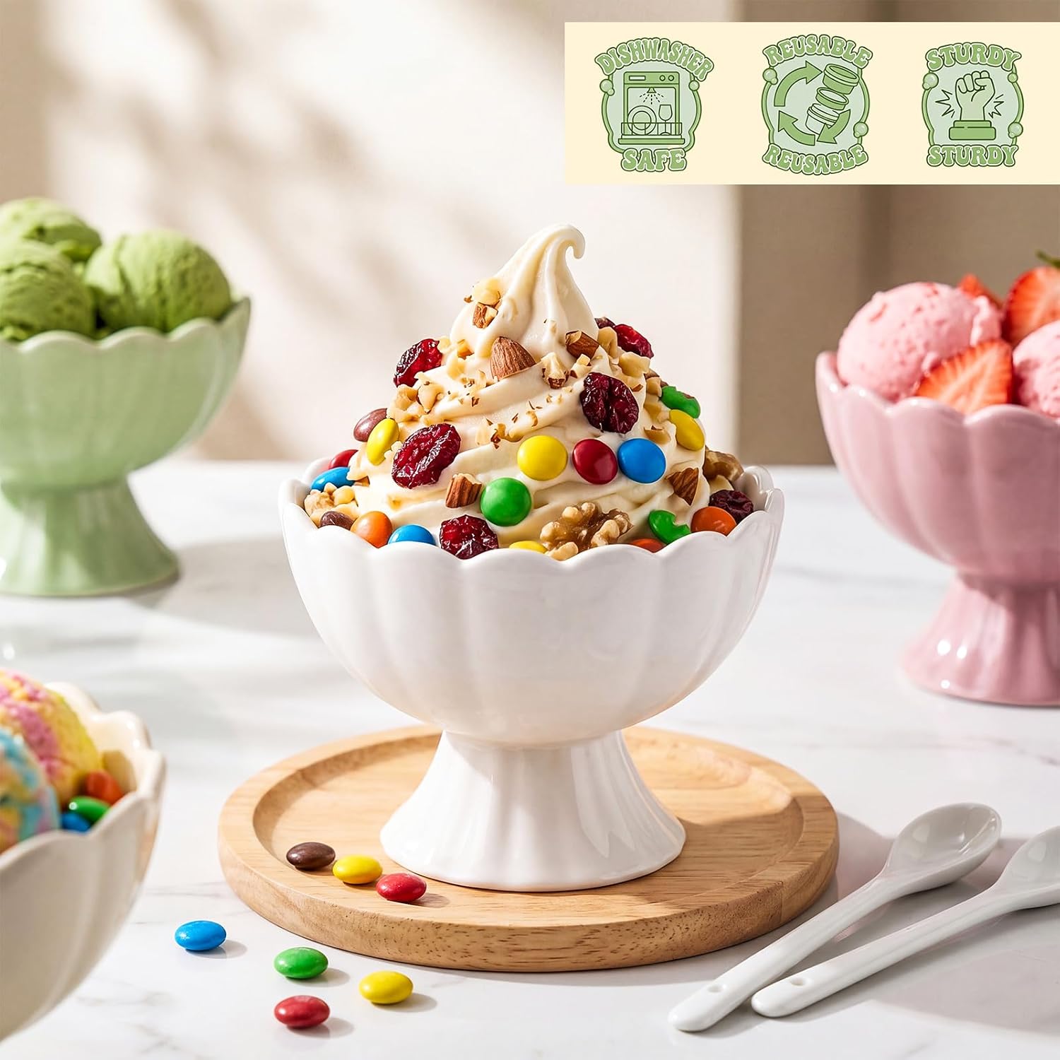4 Pack Vintage Ice Cream Ceramic Bowls and Spoons Set 7 oz Ice Cream Cups Reusable Dessert Snack Containers for Summer Birthday Party Supplies Home Yogurt Soup Bar