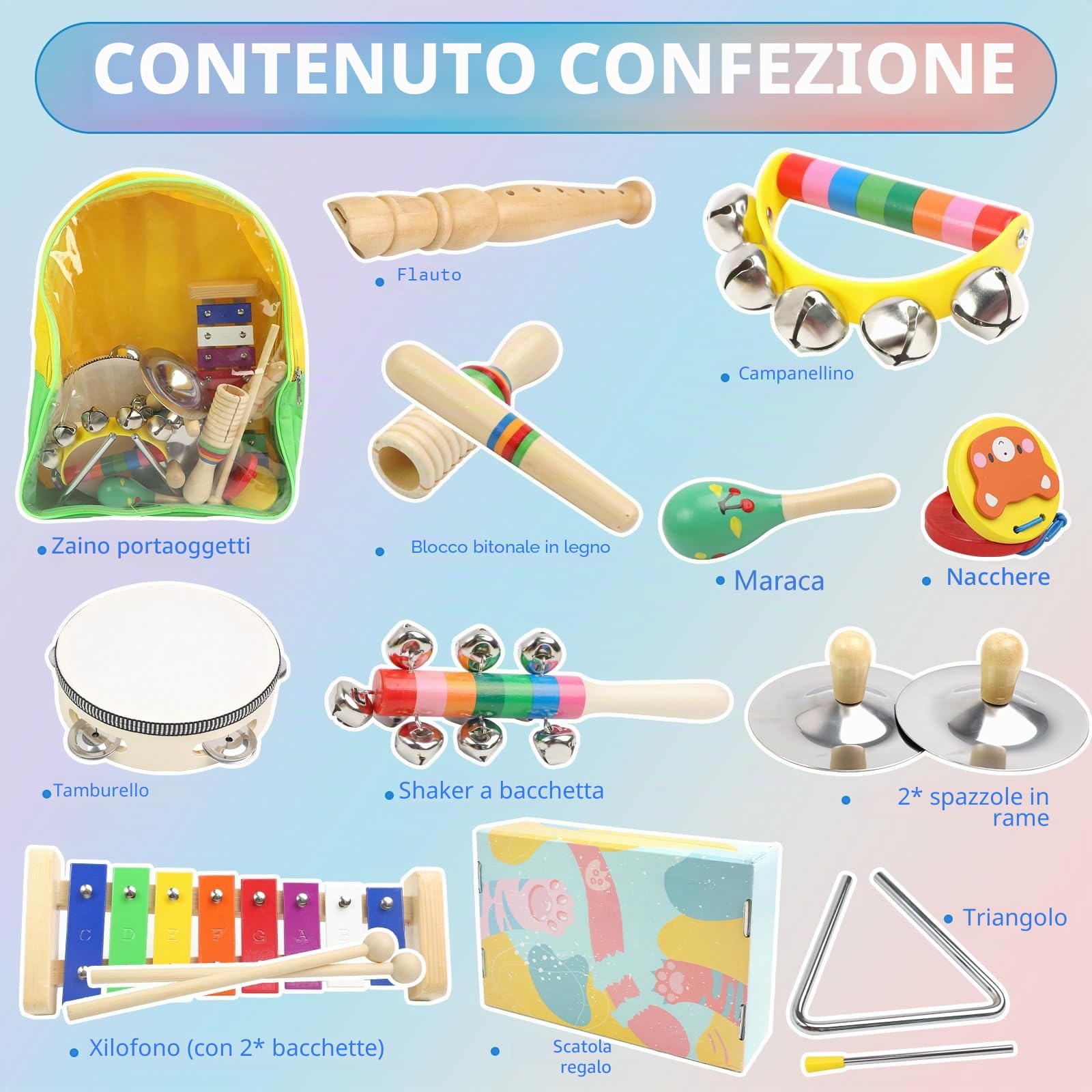 Strumenti Musicali Bambini 1-5 Anno, Giocattoli Montessori,Strumenti Musicali Percussioni in Legno Color Arcobaleno con Custodia Trasparente