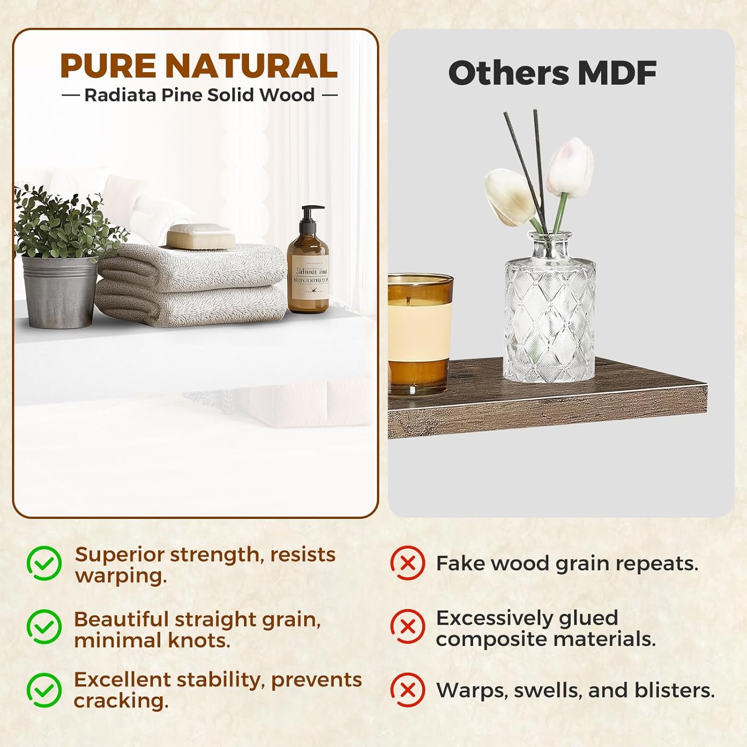 Floating Wall Shelf 16x6.8x1.7 Inch – Solid Wood Shelf in White Finish – Wall Mounted Rustic Display Organizer for Bathroom, Kitchen, Bedroom, Small Spaces – Set of 3