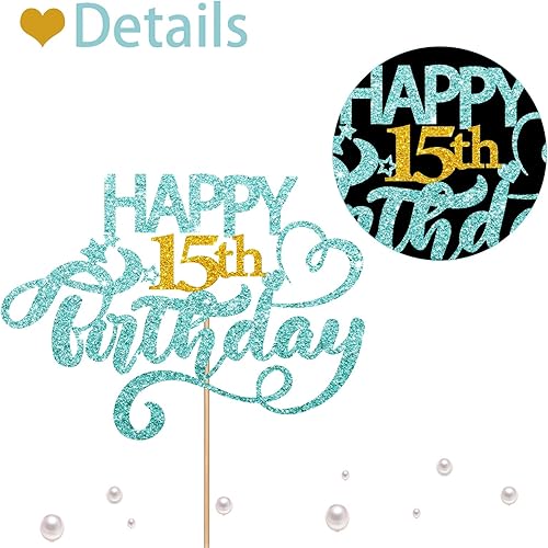 Miniatura 3 de Decoración para pastel de cumpleaños número 15 con purpurina azul cielo, 1 pieza, 6.3 x 3.5 pulgadas, cumpleaños, azul