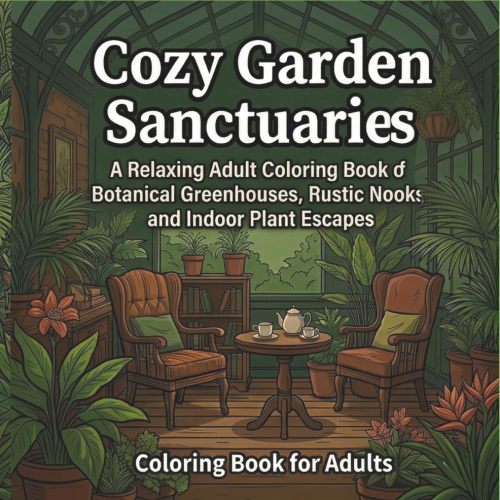 Cozy Garden Sanctuaries: A Relaxing Adult Coloring Book of Botanical Greenhouses, Rustic Nooks, and Indoor Plant Escapes