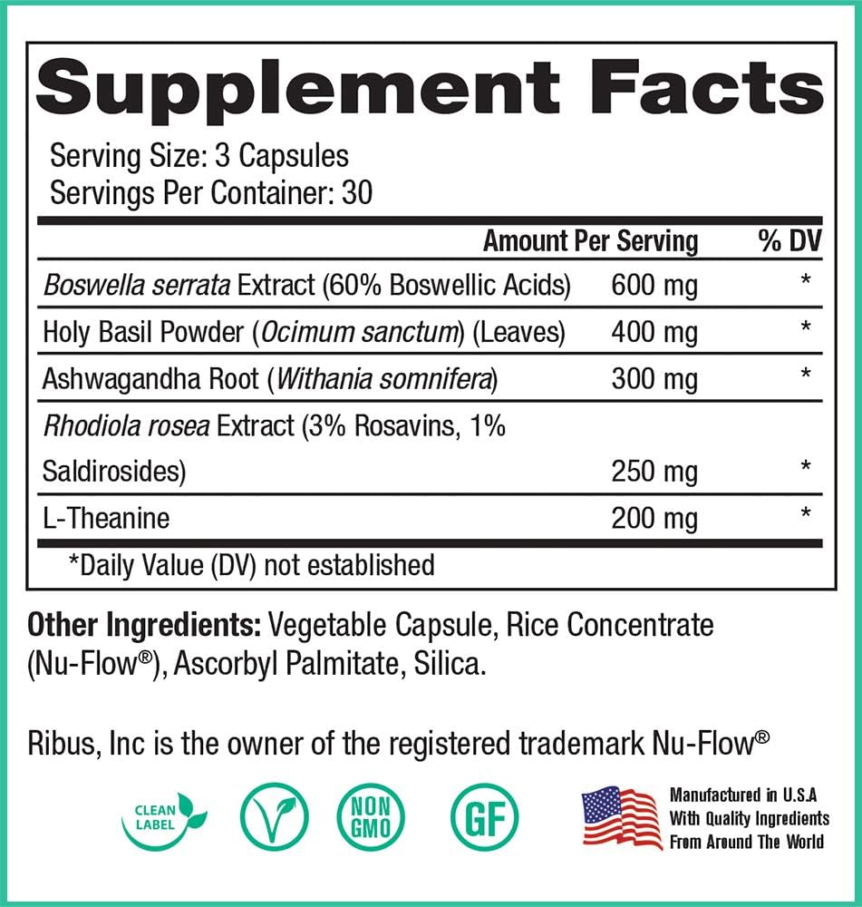 Peak Vitality Adrenal Support Supplement - Boswellia, Holy Basil, L-Theanine and Ashwagandha Supplement - Adaptogens for Mood, Natural Cortisol Support (90 Capsules)