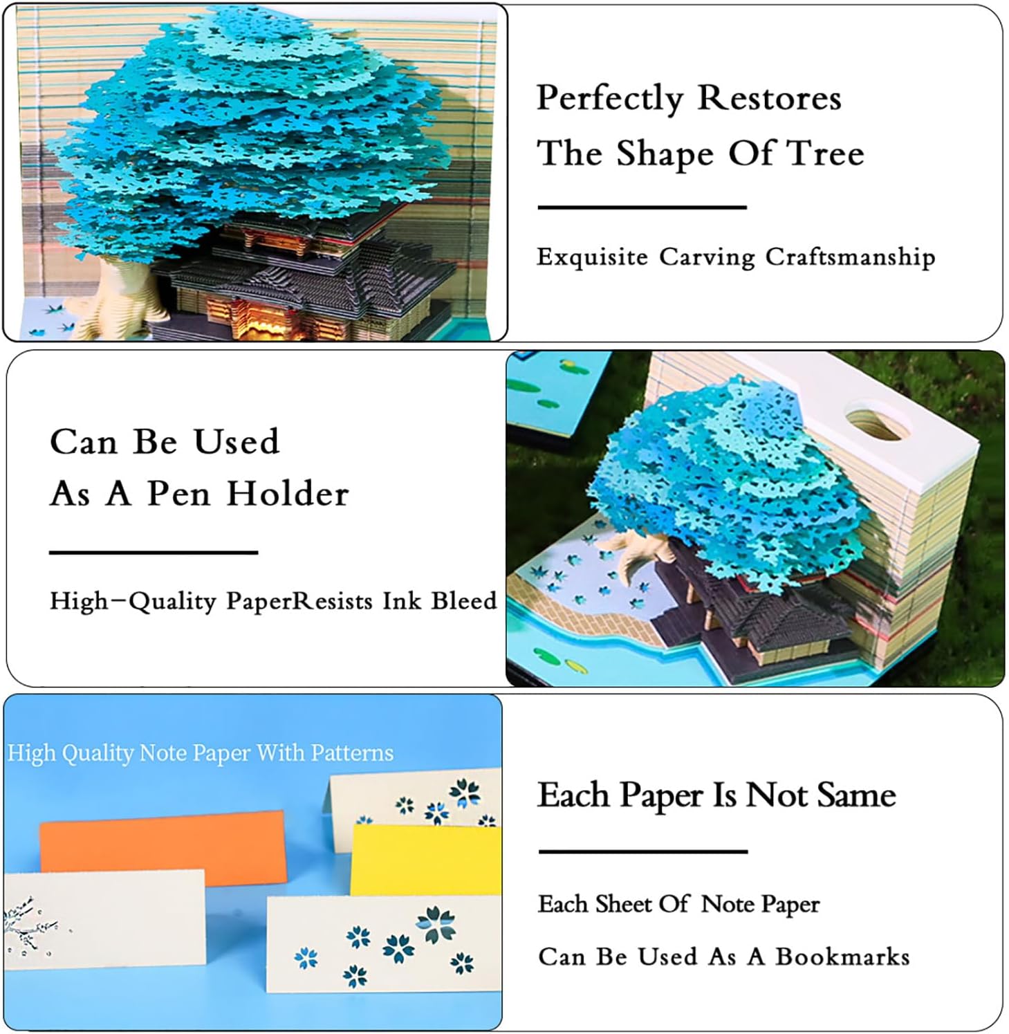 3D Memo Pad 260 Sheets Tree House Notepad with Light Kawaii Sticky Note Pad 3D Paper Carving Art Craftwork Omoshiroi Desk Decoration Pen Holder DIY High-Grade Creative Gift