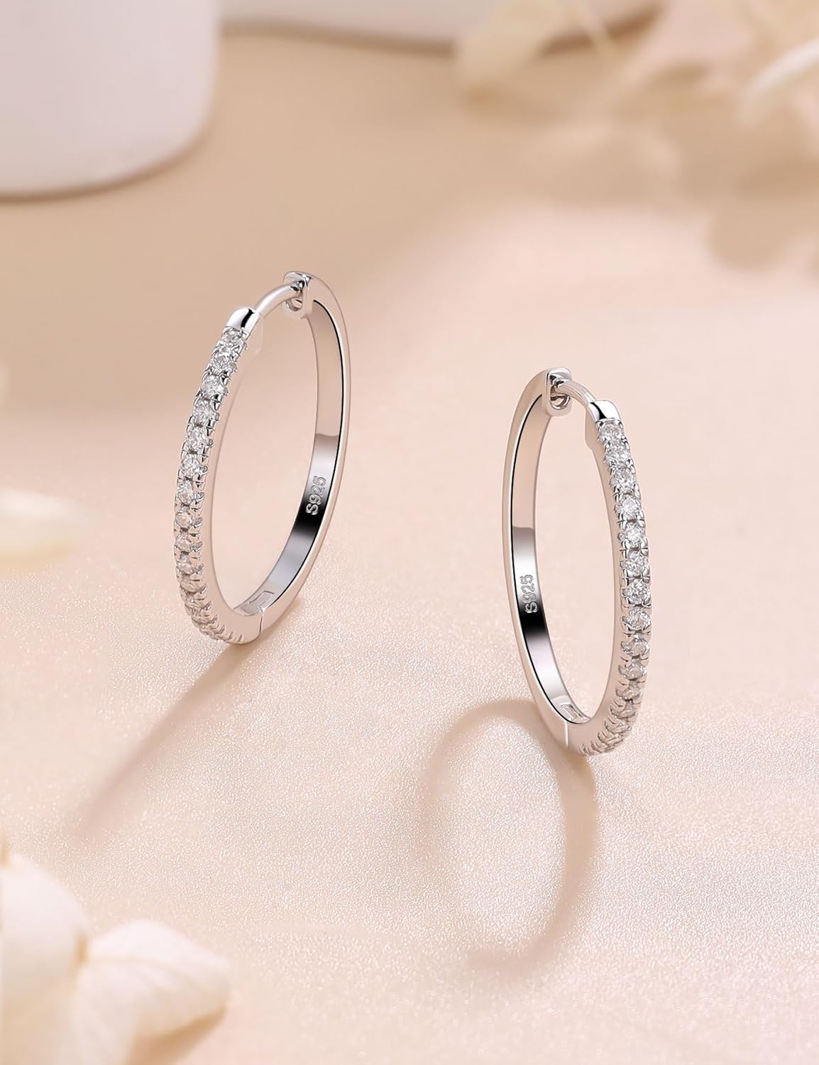 GETLOVE Moissanite Hoop Earrings for Women S925 Sterling Silver Channel Set 18K White Gold Plated Hypoallergenic Large Thick Huggie Loops Lightweight Moissanite Earrings 15-30mm