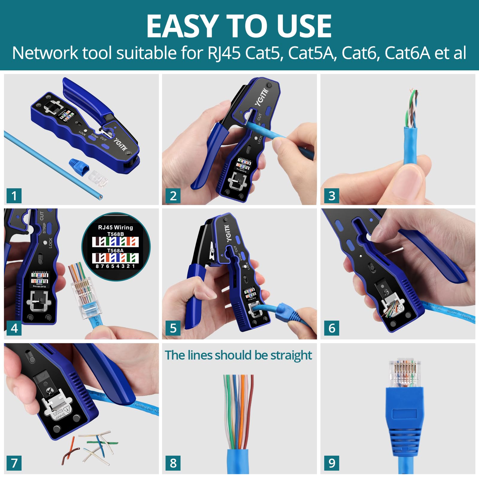 YGiTK RJ45 Crimp Tool Kit, 3-in-1 Crimper, Stripper, Cutter for CAT5,Cat5e, CAT6 - Image 3
