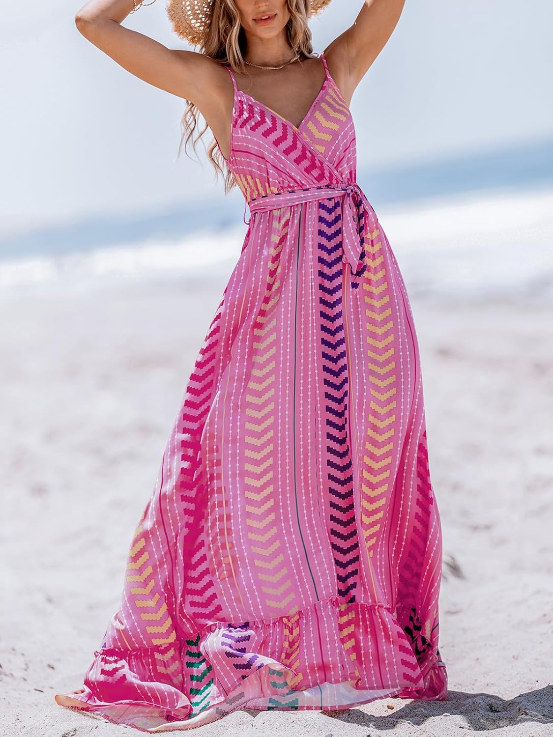 CUPSHE Women Maxi Dresses Spaghetti Straps V Neck Sleeveless Belted Beach Boho Ruffled Summer Pockets Vacation Casual Dress - Image 5