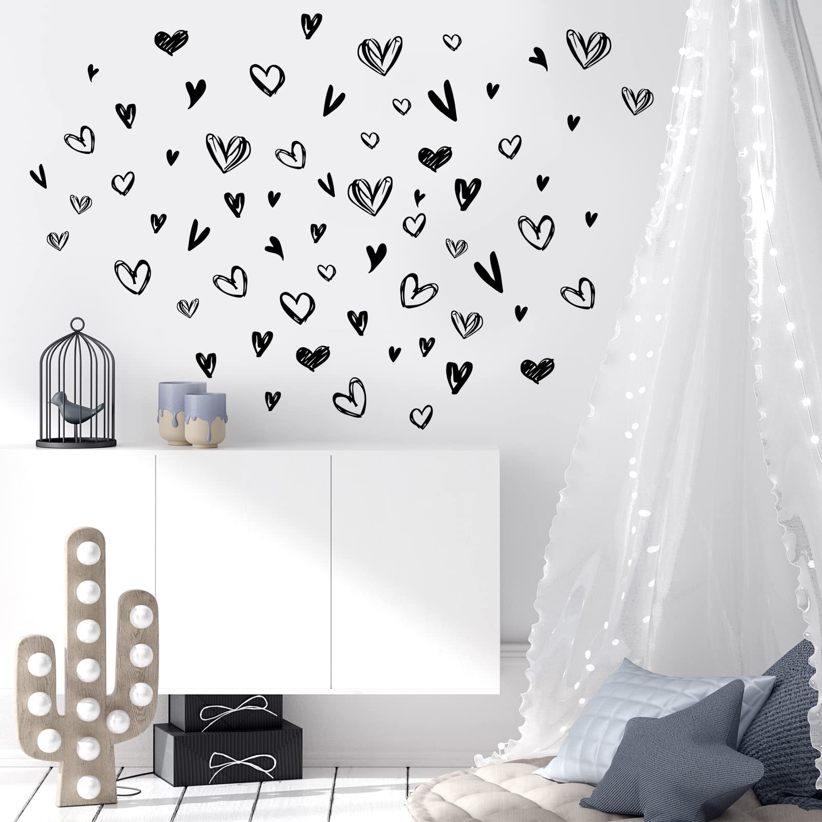SUPERDANT 52 Pieces Loving Hearts Wall Stickers Black Love Vinyl Wall Decals Art Stickers Valentine's Day Heart for Baby Bedroom Murals Vinyl Decals Removable Nursery Kids Room DIY Decorations - Image 3