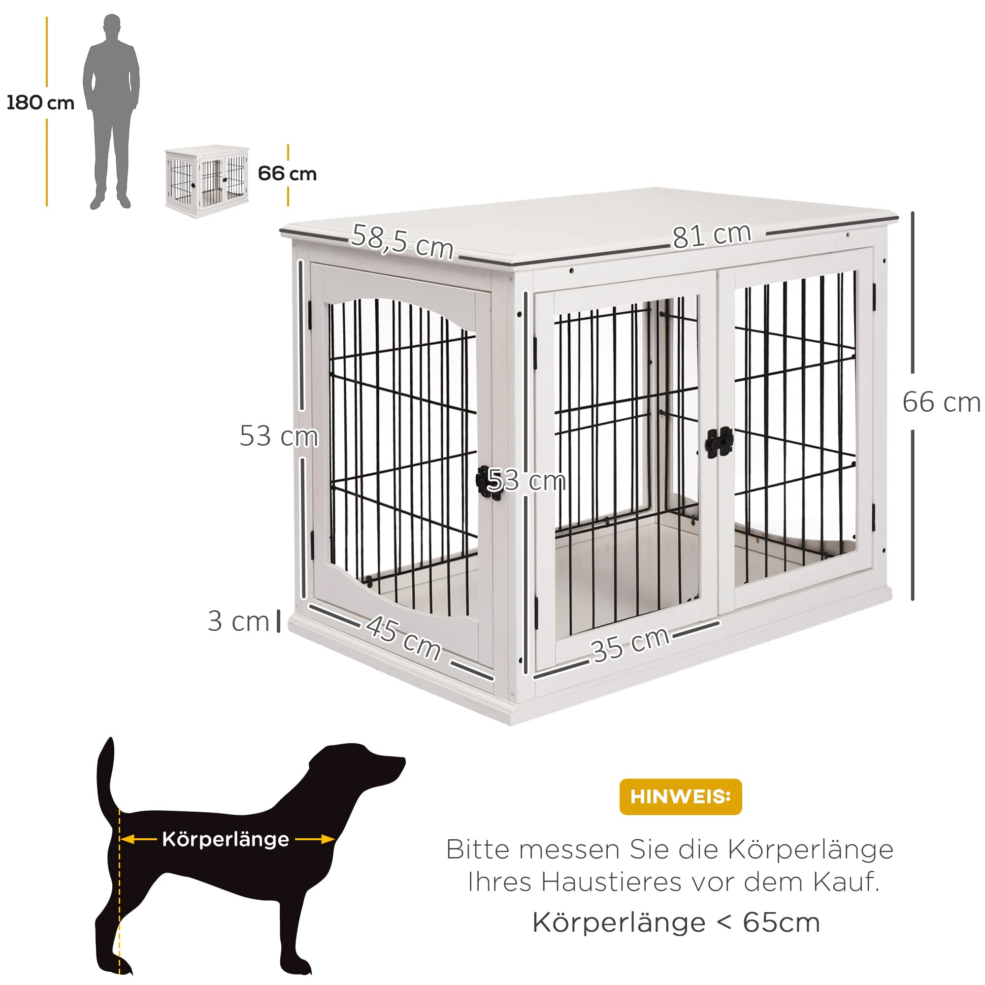 PawHut Hundekäfig Möbel mit 2 Eingängen Moderne MDF Hundebox für Zuhause Indoor Hundehütte für mittelgroße und kleine Hunde bis zu 20 kg Hundehaus 58,5x81x66 cm Weiß