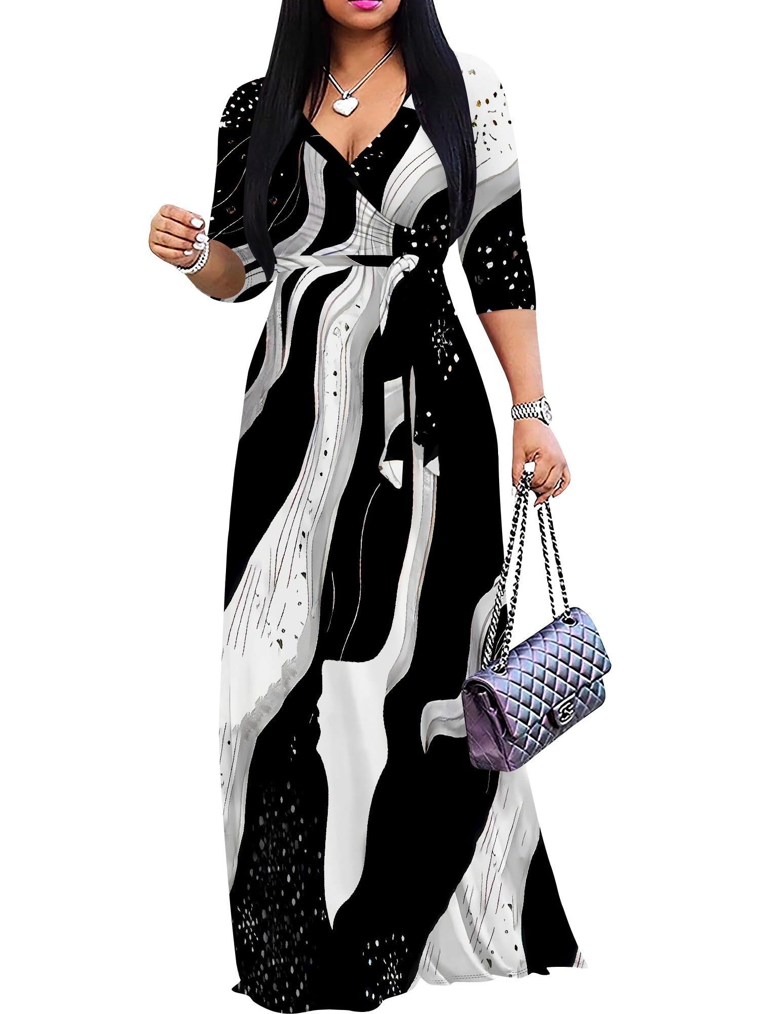PinkPatty Women's Plus Size V Neck 3/4 Sleeve Boho Maxi Dress with Pockets | Boho printed maxi dress with pockets and tie waist for travel, vacations, weddings, church, parties, and daily wear