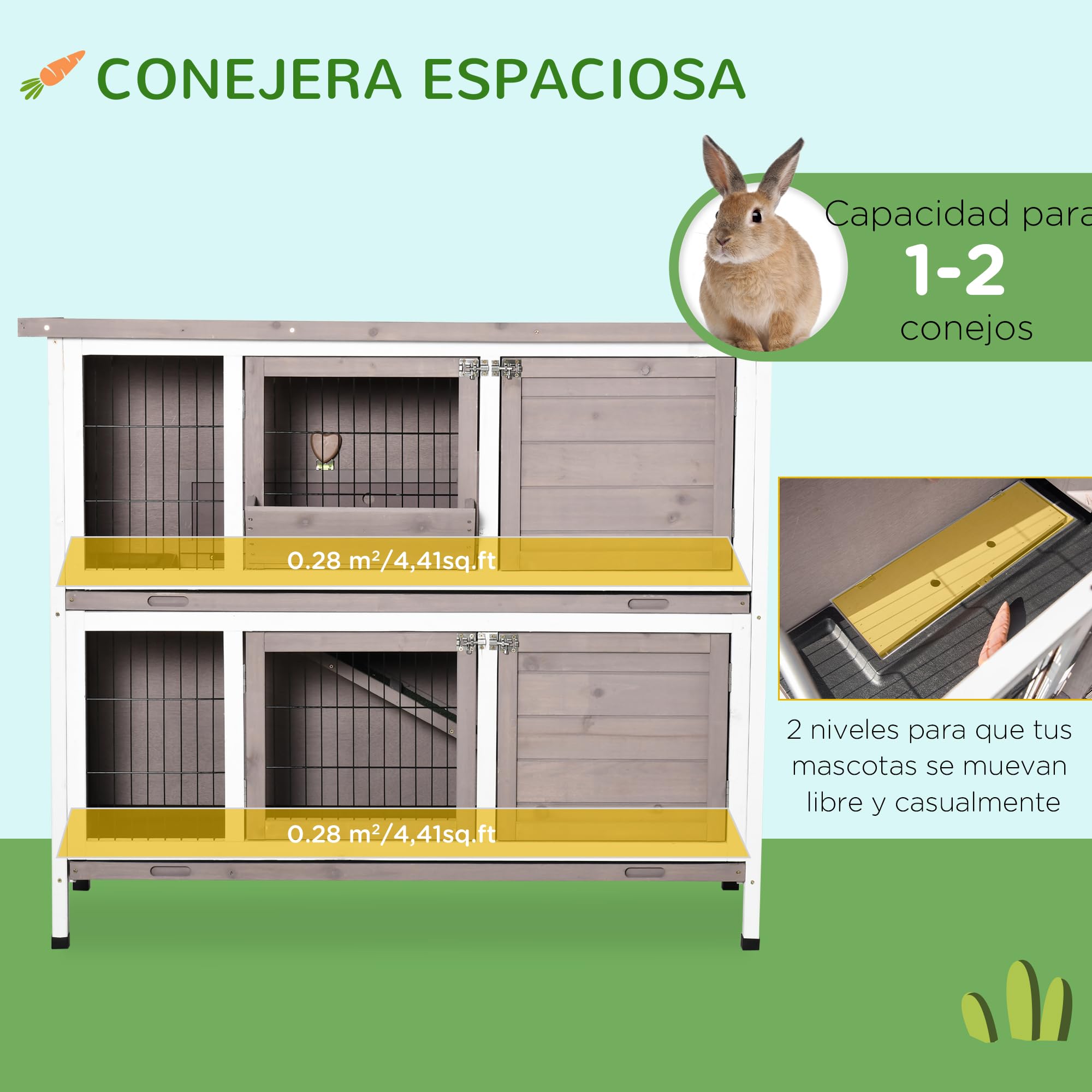 PawHut Conejera de Madera Jaula de 2 Niveles para 1-2 Conejos con Puertas Cerradura Bandejas Extraíbles y Comedero para Exterior 122x50x101 cm Marrón