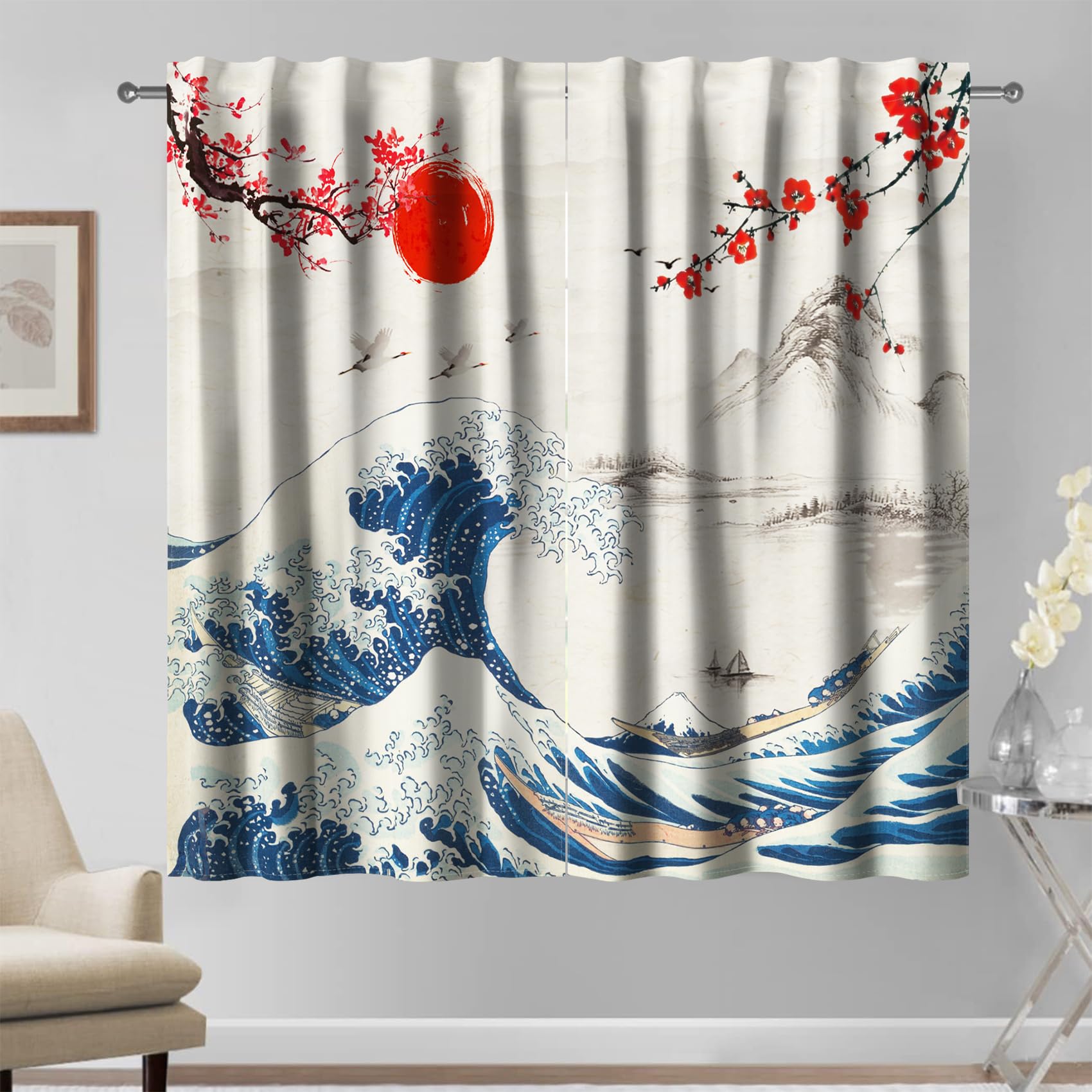 Rideaux style japonais Hokusai lot de 2 drapés de 107x215cm décor soleil rouge