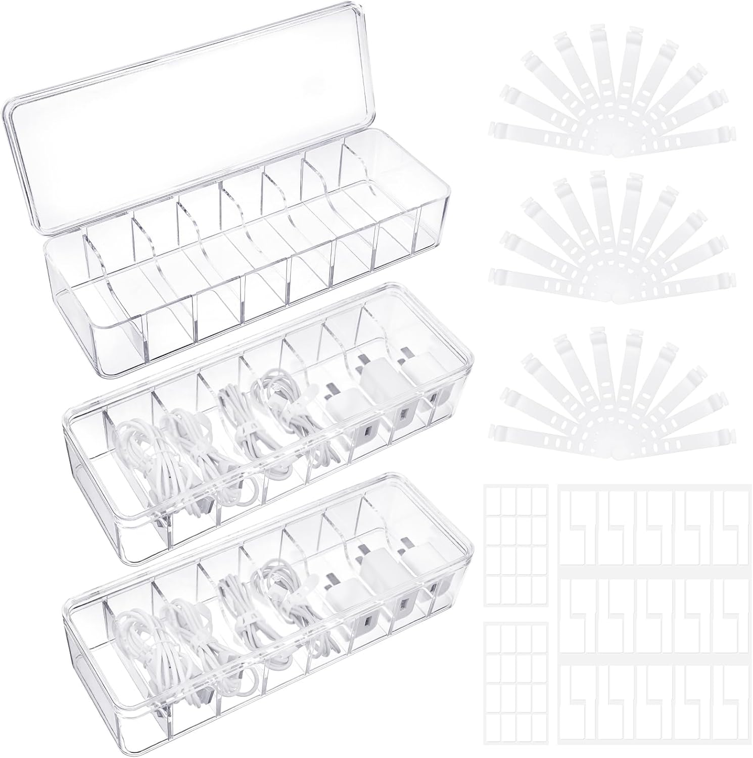 Cable Organizer Box with Lid, 3 Pcs Clear Cord Storage Organizer with 30 Cable Ties 62 Cable Labels, Charger Organizer for Office Desk Drawer Organizers and Accessories