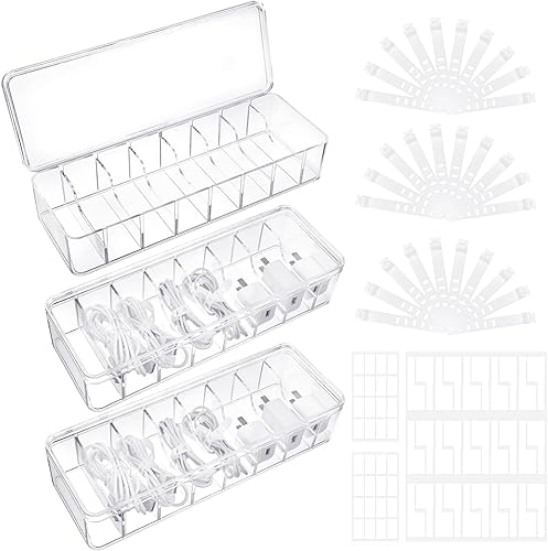 Caja organizadora de cables con tapa, 3 piezas de organizador de almacenamiento de cables transparentes con 30 bridas para cables, 62 etiquetas para