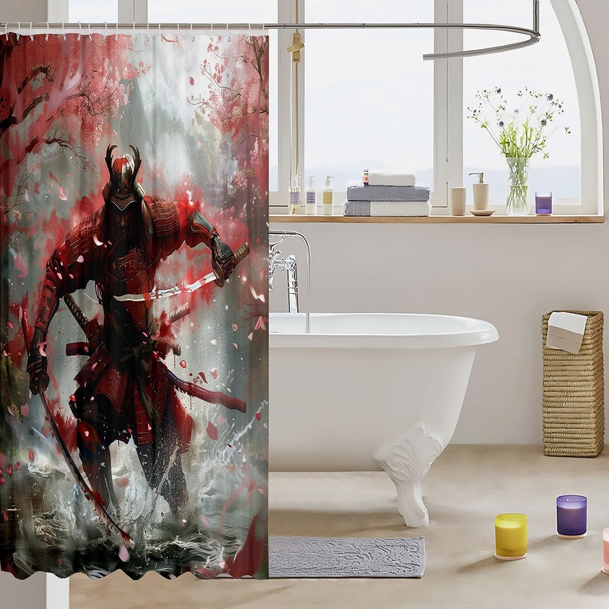 jejeloiu Japanese Samurai Shower Curtain 72"x78" Cherry Blossoms Bath Curtain for Boys Girls Teens Bushido Bathroom Shower Curtain Set Ink Painting Kids Bathroom Accessories