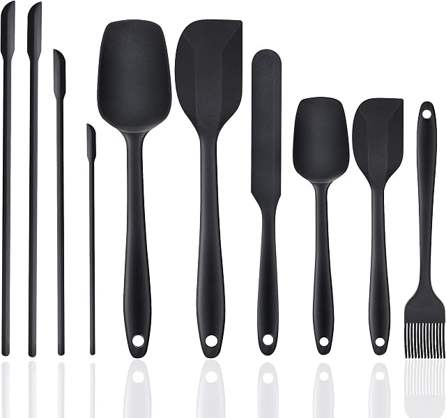 Silicone Spatula, 10 pcs Large Small Mini Narrow Silicone Spatula Kit with Spoon Brush Set BPA Free, Dishwasher Safe Heat Resistant Black Silicone Spatulas Kitchen Utensils for Cooking Baking Cake