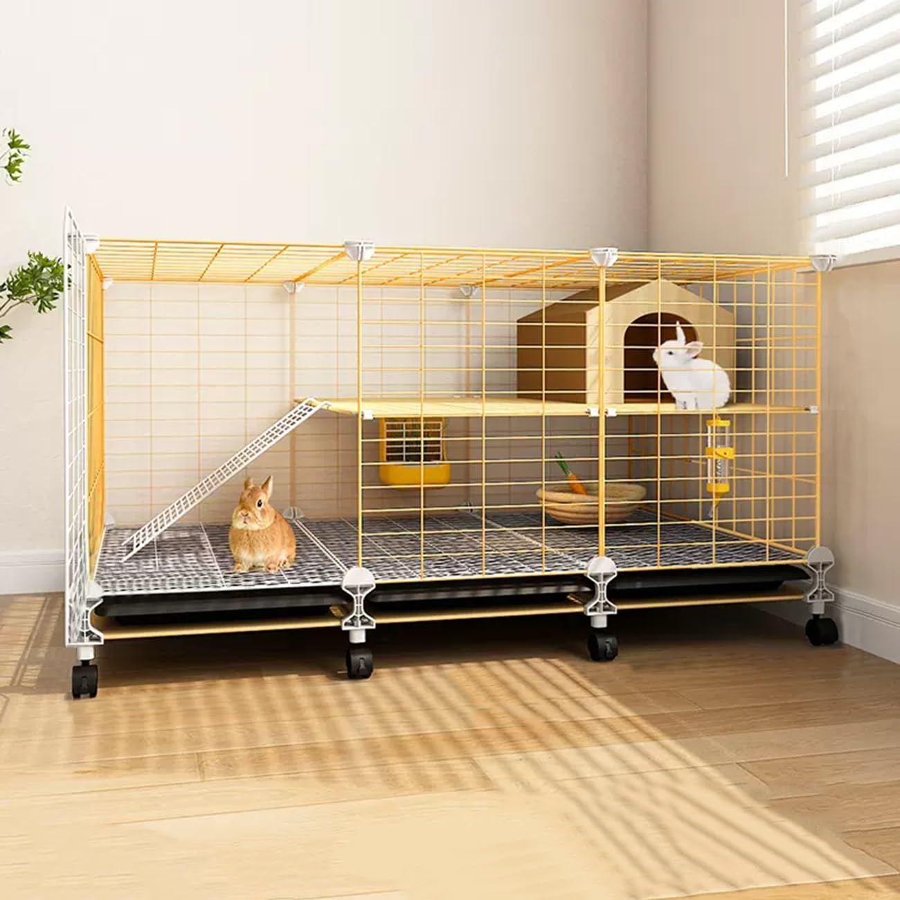 Jaula para Conejos, Jaula para Cobayas, Jaulas Metálicas para Animales Pequeños para Cobayas, Conejos, Fácil de Limpiar, Ruedas con Cerradura de Seguridad(105 * 35 * 53cm)