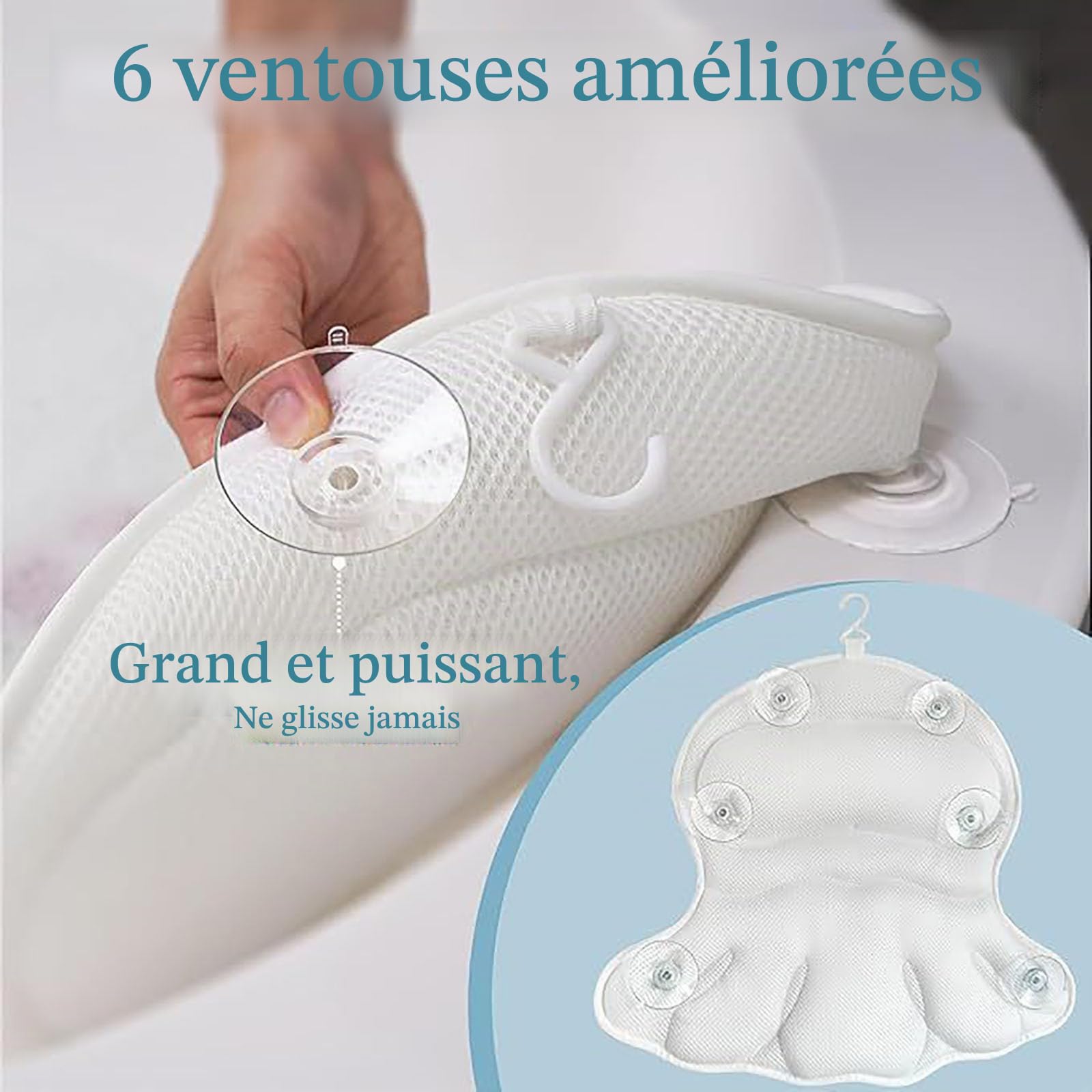 Coussin Baignoire,Coussin de Baignoire Coussin Baignoire Adulte Oreiller de Bain 4D avec 6 ventouses puissantes soutient la tête Le Cou Le Dos pour Tous Types de Baignoire