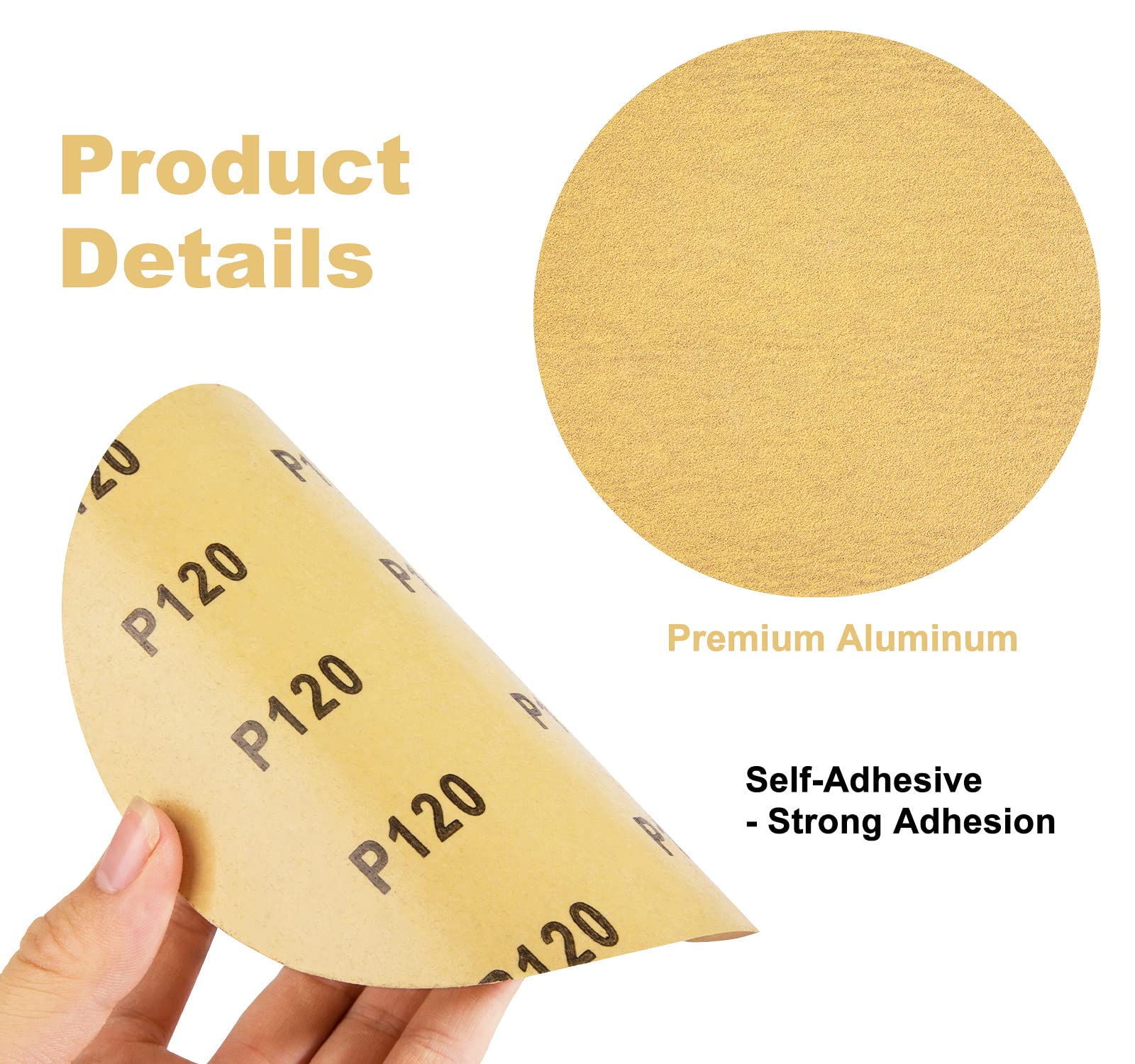 Papel de lija dorado de alta calidad de 6 pulgadas, 100 discos de lija de grano 120, autoadhesivos, papel de lija de óxido de aluminio PSA para carpintería, metal y pintura