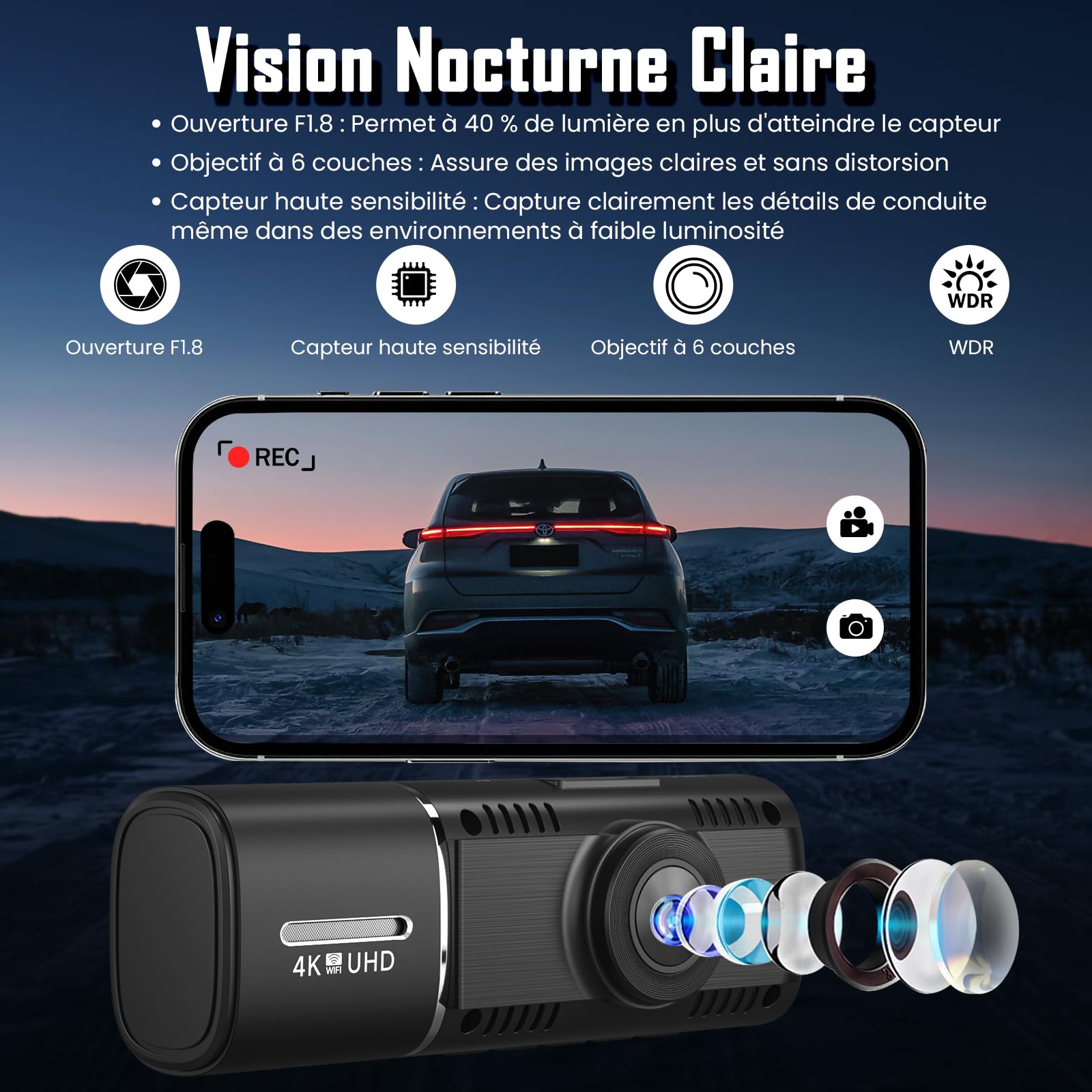 Dashcam Voiture Avant Arrière, 4K+1080P Caméra Embarquée avec Carte SD 64G, 1,97'' Écran, Grand Angle 170°, Vision Nocturne, WDR, G-Capteur, Mode Stationnement 24H, Enregistrement en Boucle