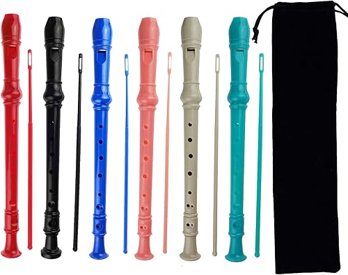 Paquete de 6 grabadoras soprano descantes de estilo alemán de 8 agujeros, con varilla de limpieza, bolsa de almacenamiento negra, material ABS (6 6