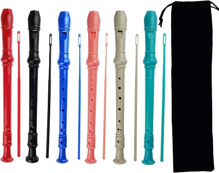 6 Pack German Style 8 Hole-3 Piece Descant Soprano Recorders with Cleaning Rod, Black Storage Bag, ABS Material 6 Colors