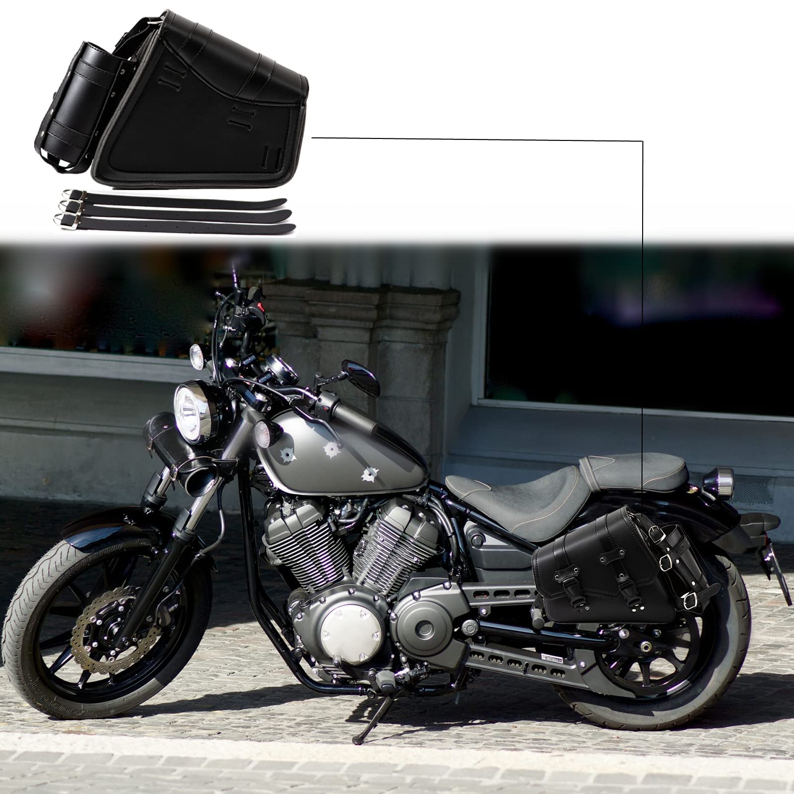 Motorrad Satteltaschen - Vintage Schwarz PU Leder Schwingentasche Seitentaschen Dreieckige Gepäck Werkzeugaufbewahrungstasche mit Wasserflaschen Getränkehalter - Linke Seite