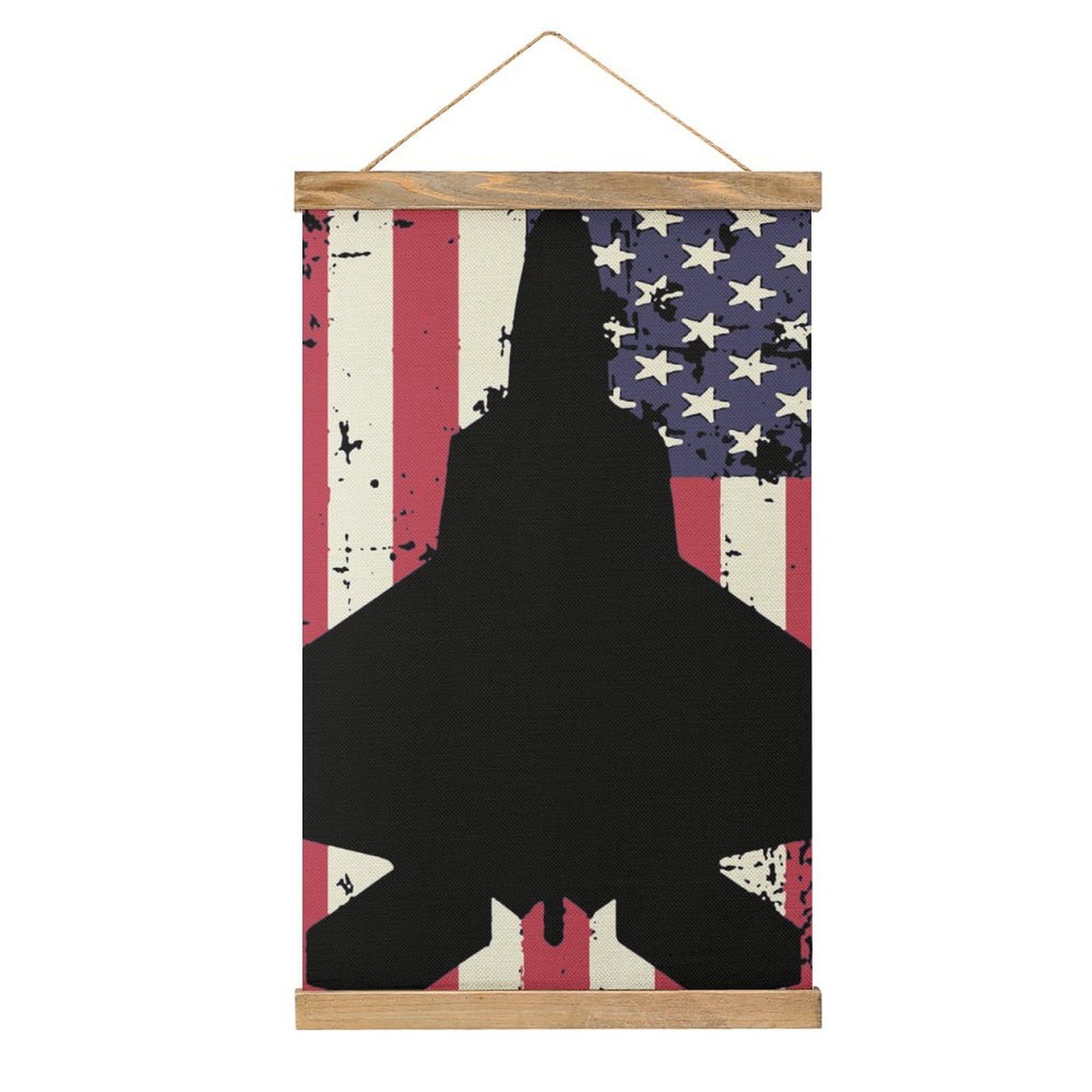 CGSBNGHA Patriotic F-22 Raptor Fighter Jet Americans-flag Wall Art Prints Linen Hanging Painting Scroll Paintings Pictures Decor for Home