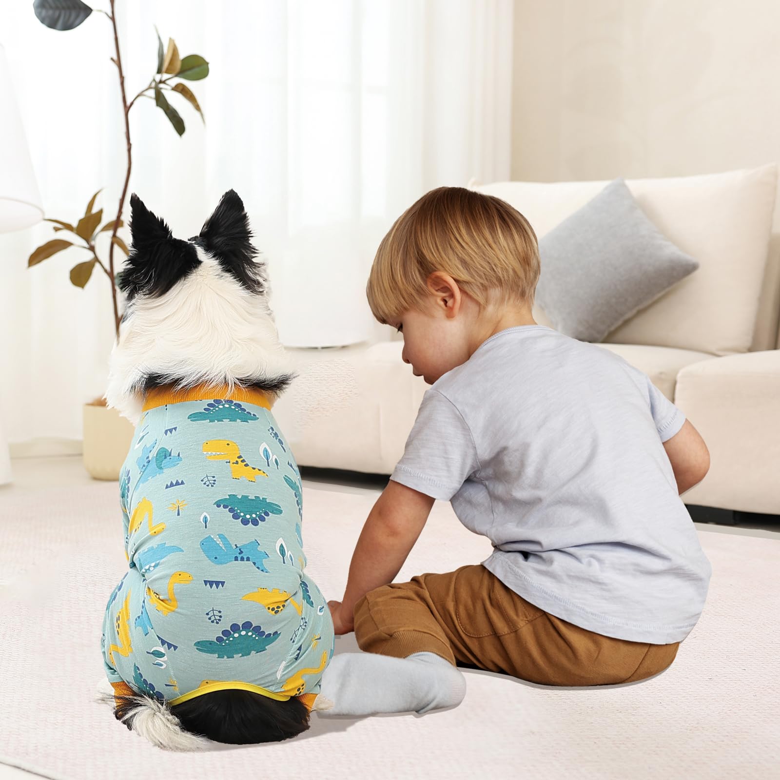 FEimaX Traje de Recuperación para Perros Después de la Cirugía, Body Postoperatorio para Perro Grande y Mediano, Protector de Heridas Abdominales para Perros Hembras y Machos (M, Dinosaurios)