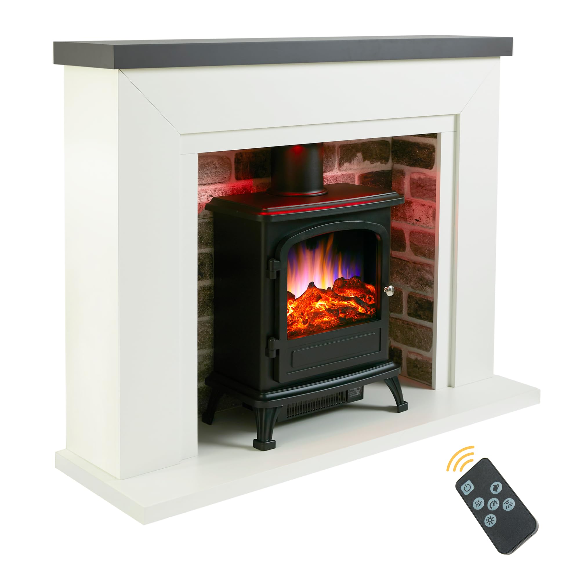 Endeavour fires Farlington Electric Fireplace, Black Log Burner Stove in 48'' Off White Surround, LED Downlights with Remote Control (Grey Top/Grey Brick)