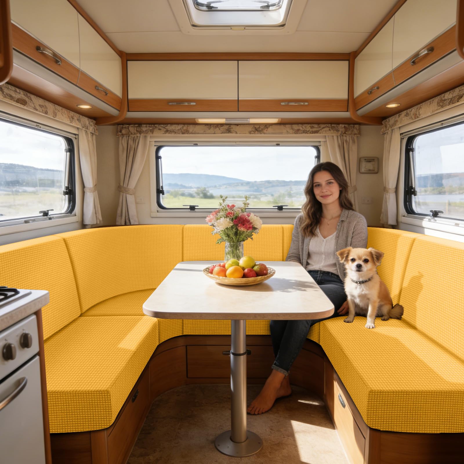 SYLC Caravan Seat Cover Stretch Jacquard, Non-slip RV Dinette Cushion Covers with 2 Straps, Couch Cushion Covers for Camper Sofa Bench (Golden,Corner seat)