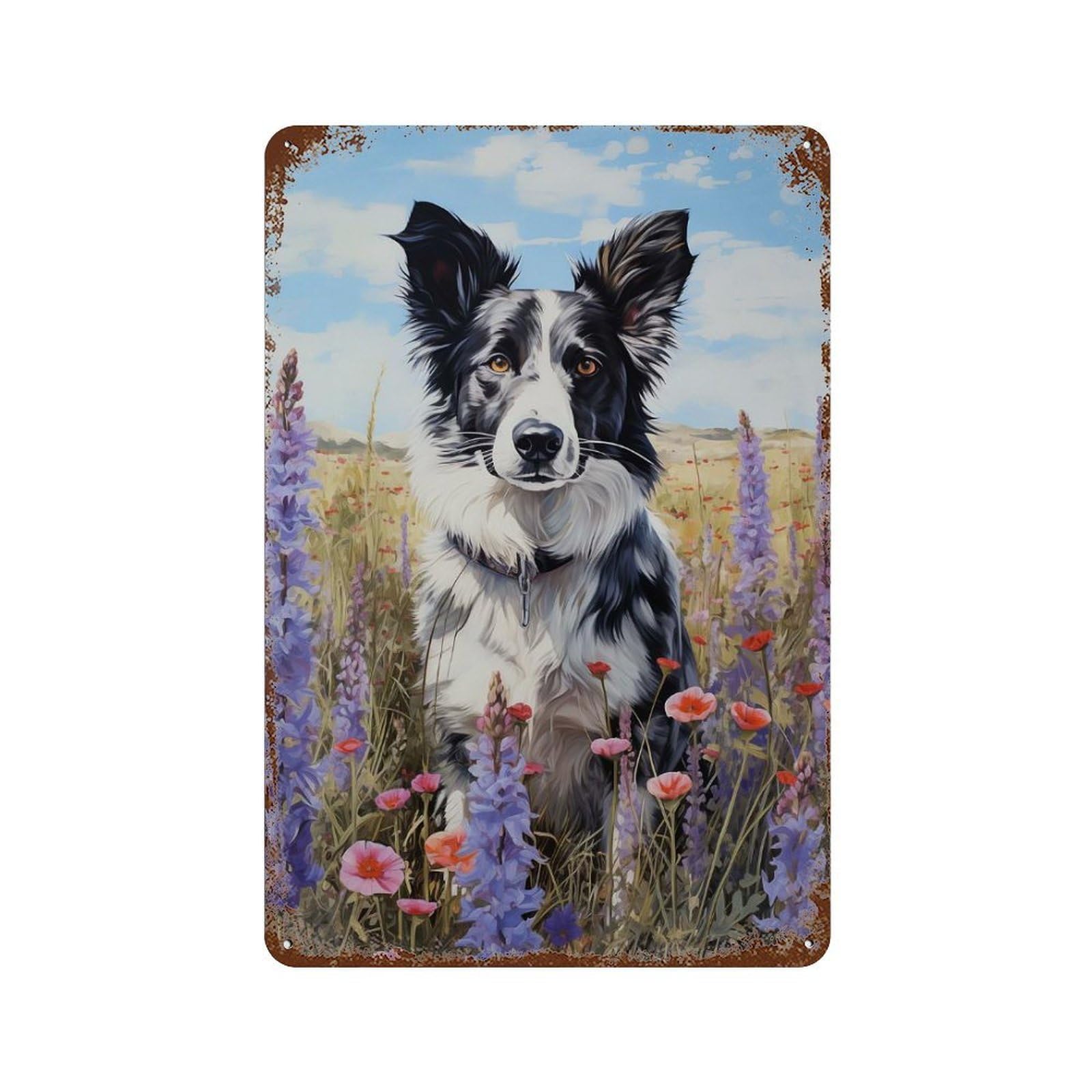Border Collie in Flowers 11.8"x7.9" Vintage Rust Metal Sign, Decorative Metal Wall Art for Farmhouse, Kitchen And Entryway Decor