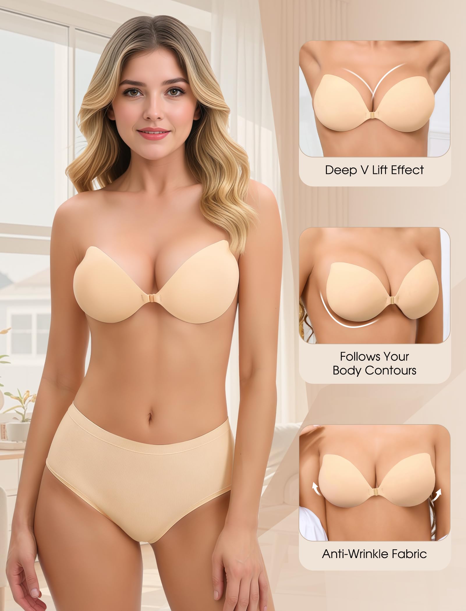 Stick on Bra Backless Invisible Sticky Bra Push up Strapless Women's Adhesive Bras Ladies Backless Strapless Bras Large Breasts Push up Sticky for Backless Dresses, Wedding, Party — view 3