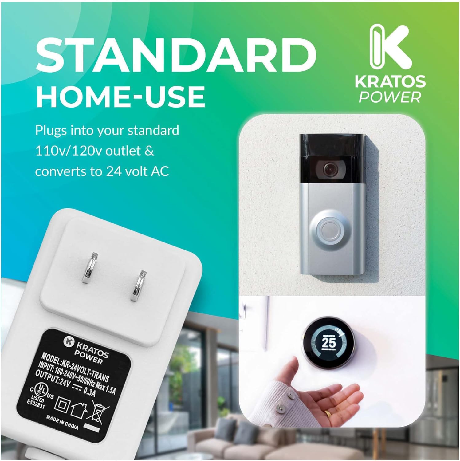 Kratos Power C-Wire Adapter white Power Charger for Battery Charging, Ring Doorbell, Wifi Thermostats, Nest Thermostat with Power Supply of 24 Volt with Cable Clips for Connecting Devices, (2 Items)