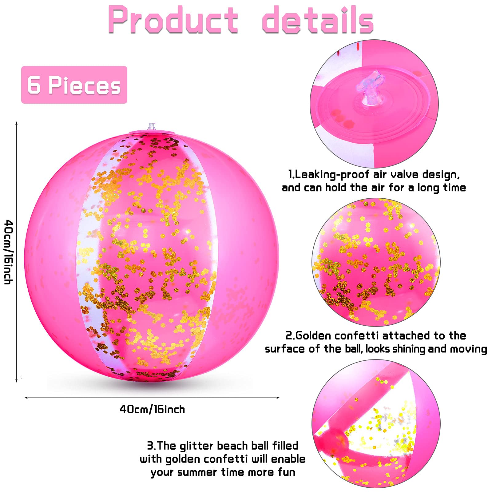 Skylety Pack Inflatable Beach Balls Hot Pink Glitter Beach