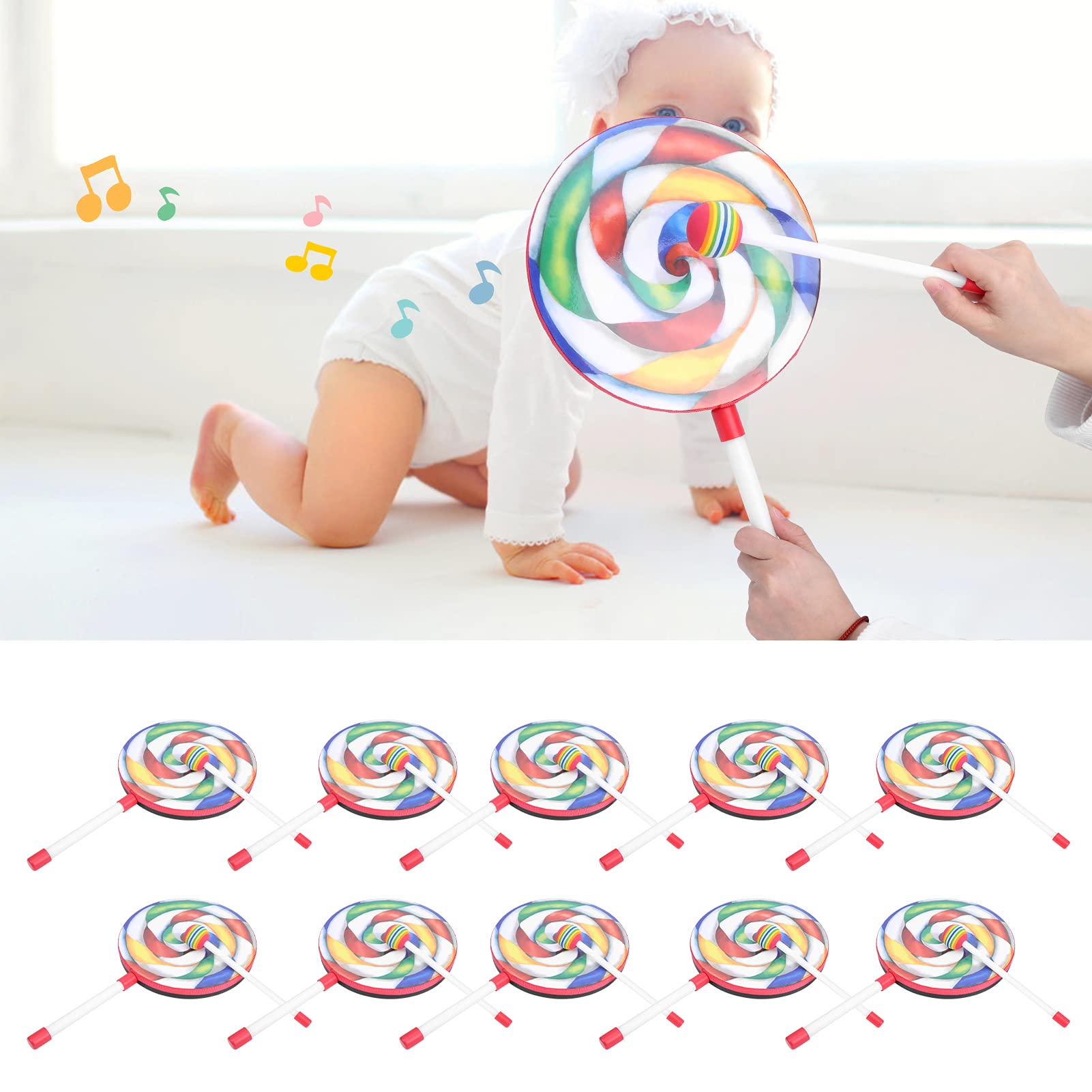Batería Colorida con Forma de Piruleta para Educación Musical para Niños con 10 Piezas de Pandereta y Baqueta, Material Plástico, para Entusiastas de la Música