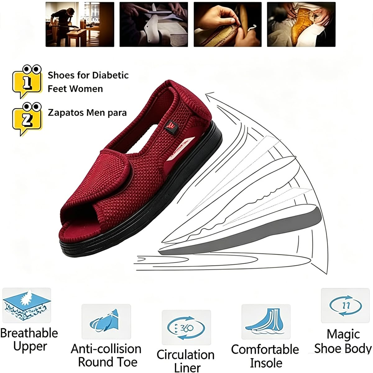 Scarpe per Diabetici Donna Extra Larghe Scarpe Ortopediche Regolabili Sandali Riabilitativi con Chiusura a Strappo per Piedi Gonfi