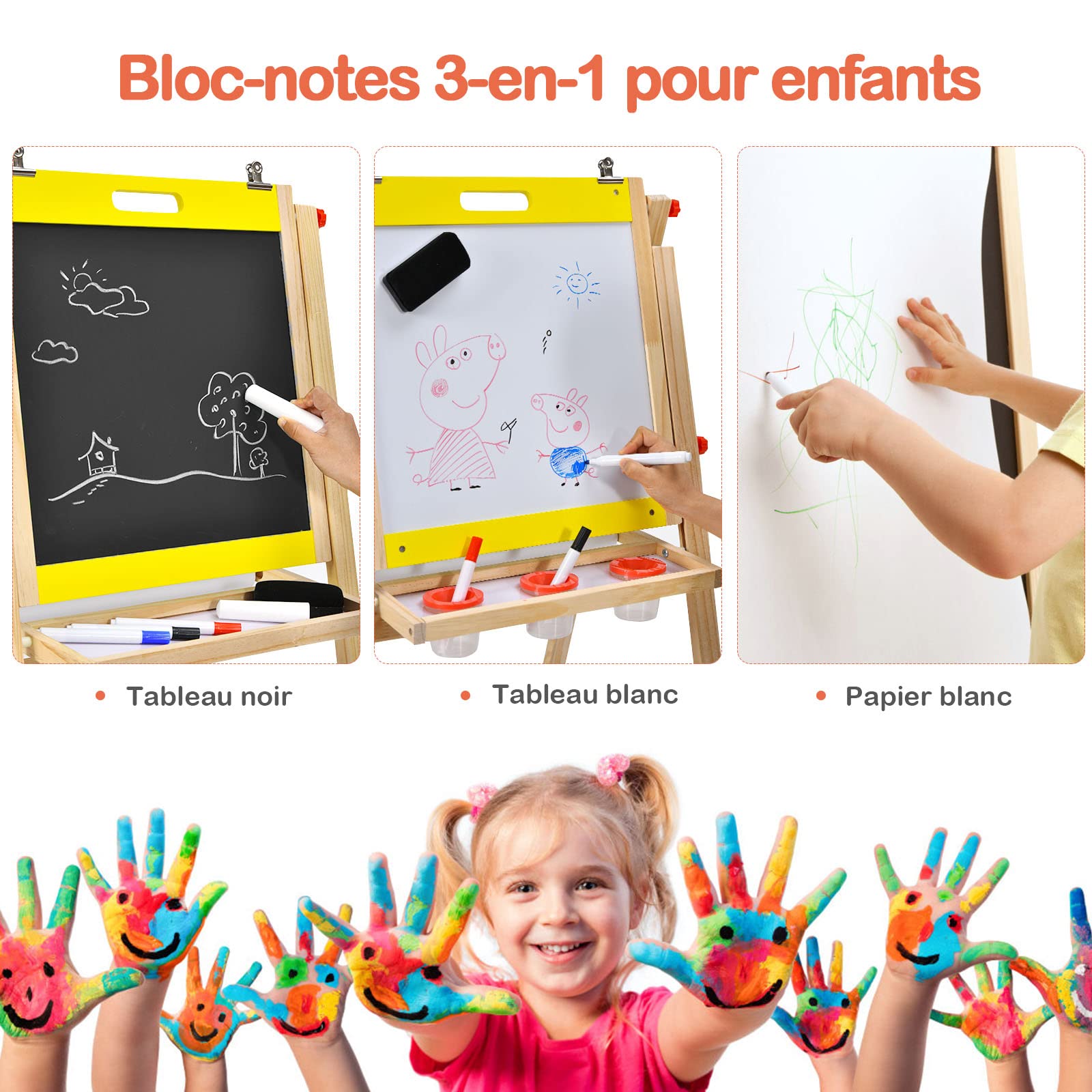 COSTWAY Chevalet Pliable 3-en-1 pour Enfants de 3+Ans, Chevalet d'Art en Bois avec Hauteur Réglable sur 5 Positions, Plateau de Rangement et Tableau à 2 Faces, 50,5 x 53,5 x 79-104 cm (Naturel+Jaune)