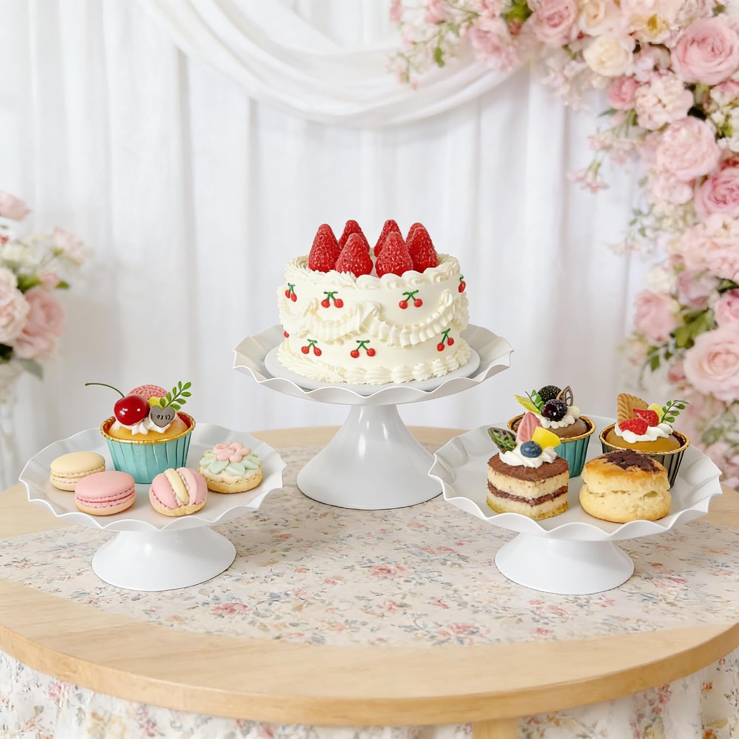 3 Pcs White Metal Cupcake Stand Scalloped Edge Dessert Display Tray | Dessert Display Platter Decorative Serving Stand for Wedding, Birthday, Tea Party