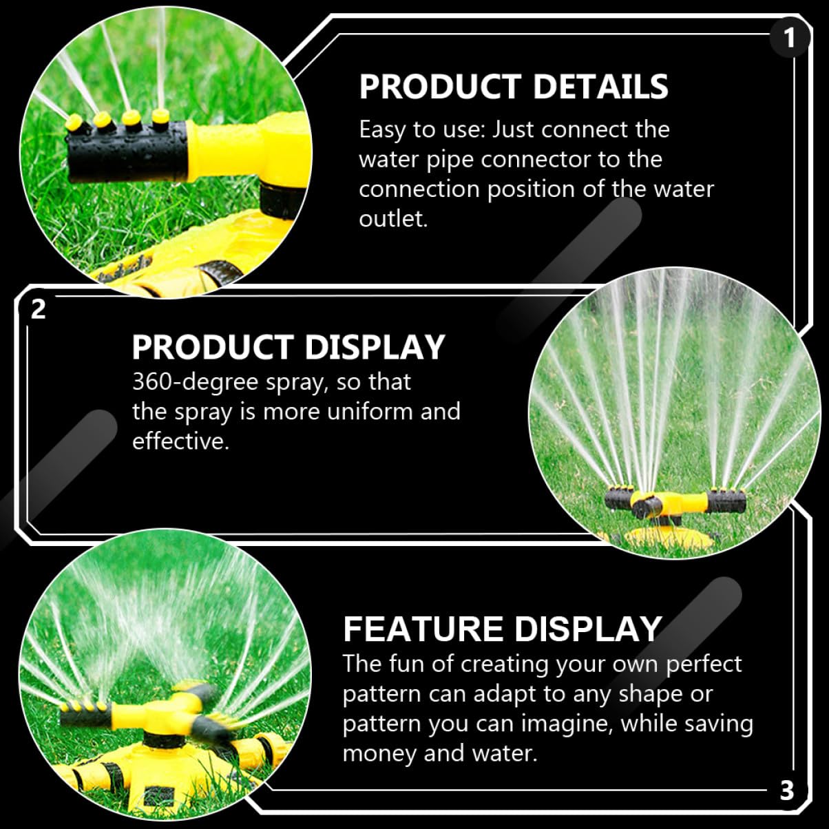 Hemobllo Système D'irrigation de Jardin 2 Pièces Arroseur Rotatif Automatique 360° pour Pelouse et Potager Couverture Large Jaune