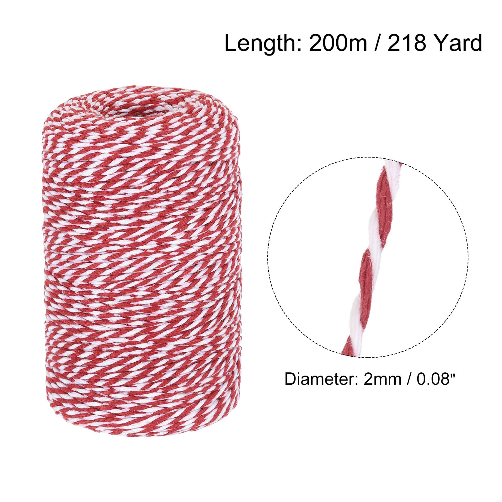 MECCANIXITY 2Pcs Cotton Rope Twisted Braided Rope Cord, Red and White 200M/218 Yard 2mm Dia for Wall Hanging, Plant Hanger, Knitting, Macrame Knotting